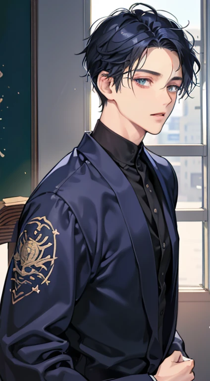(masterpiece, top quality, super definition, high definition), male, dark blue hair and black eyes, short hair down, Wearing male japanese , in the class room, soft relaxed expression