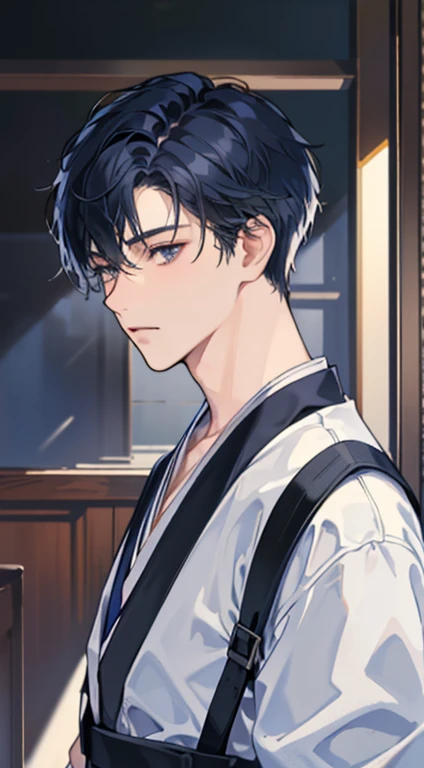 (masterpiece, top quality, super definition, high definition), male, dark blue hair and black eyes, short hair down, Wearing male japanese , in the class room, soft relaxed expression