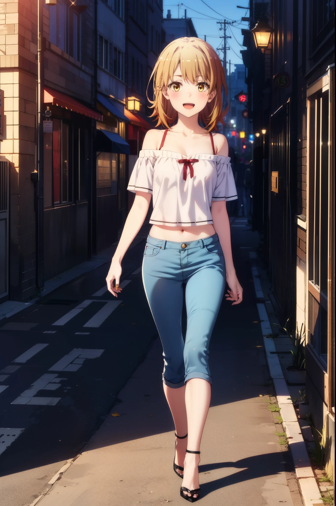 irohaisshiki, iroha isshiki, short hair, Brown Hair, (Brown eyes:1.5),happy smile, smile, Open your mouth,
hair band,Cord off-shoulder top,Short sleeve,skinny pants,Stiletto heels,morning,morning陽,The sun is rising,walk,whole bodyがイラストに入るように,Looking down from above,
break outdoors, city,area,
break looking at viewer, whole body,
break (masterpiece:1.2), highest quality, High resolution, unity 8k wallpaper, (shape:0.8), (Beautiful details:1.6), Highly detailed face, Perfect lighting, Extremely detailed CG, (Perfect hands, Perfect Anatomy),