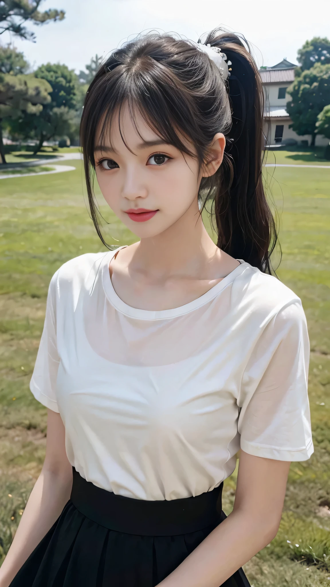 Black underwear shows through the white T-shirt,outdoors,Urban Park,On the lawn,Close up face,One woman,masutepiece, The highest image quality, High quality, the background is clear,Beautiful woman, Japanese, Detailed, Detailed eyes, Detailed skin, Beautiful skin, 超hight resolution, (reality: 1.4),Very beautiful woman, Slightly younger face, Beautiful skin, slender, (Ultra photo realsisim), (hight resolution), (8K), (Very detailed) (beautifully detailed eyes), (super detailed), (Detailed face), view the viewer, Fine details, Detailed face, Staring straight ahead, Staring straight ahead, photos realistic, Bright lighting, Professional Lighting, Black hair,poneyTail,a baby face,fourteen years old,Hairstyle: ponytail,Long ponytail hairstyle,slight smile,neat and tidy clothing,Beautiful Japanese KPOP idol photo, hair style is ponytail, my eyes are double and wide, baby face, smile and look straight ahead, slender, small breasts,Close up face,