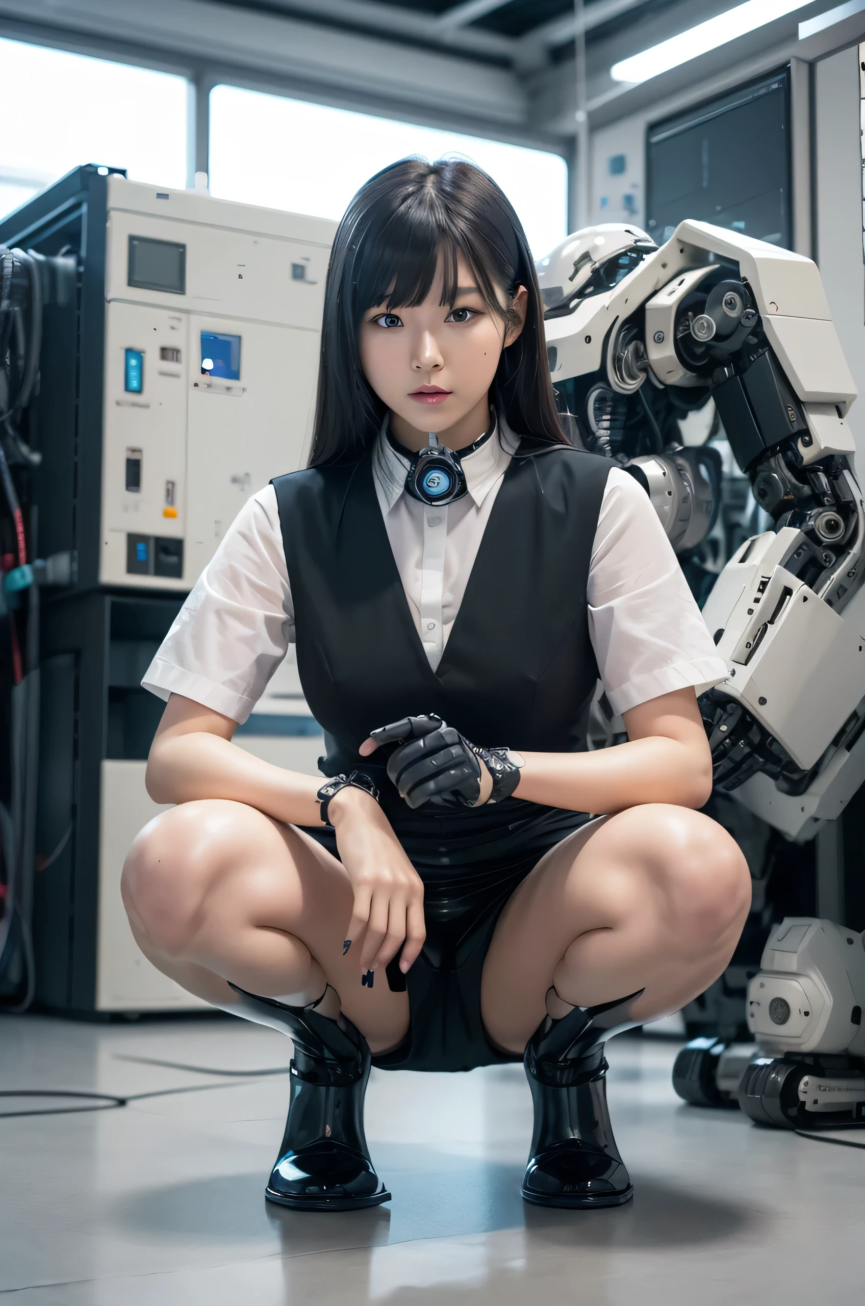 masterpiece, best quality, extremely detailed, Japaese Cyborg Girl,Plump , White boots,control panels,android,Droid,Mechanical Hand, ,clothes with a sense of mechanical technology, Robot arms and legs, Black Robot Parts,Black hair,Mechanical body,dress shirt,long vest,Blunt bangs,White abdomen,White robotics parts,perfect robot woman,future laboratory,cyber pank,charging spot,laboratory,long tube,thick cable connected her neck,kneel on the floor,bowing,ceramic body ,mechanical body,blue eyes,android,robot humanoid