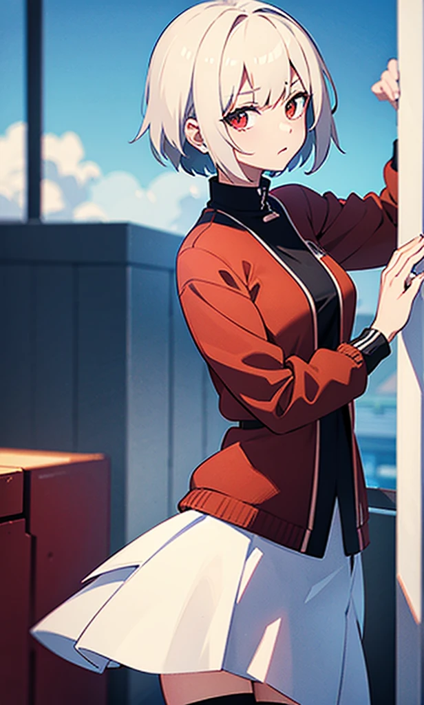 beautiful illustration、top-quality、Cute s、lenght hair, red color eyes、(((pink pleated skirt))、(((white sailor suit)))、shortsleeves、a navel、bare-legged、on the beds、lovely thighs、glowing thigh, 1girl, bangs, biting, blush, covered navel, eyeshadow, hair behind head, hand on hip, smile, long hair, looking at viewer, makeup, pilot suit, red eyeshadow, science fiction, skin tight, solo, ((masterpiece)),camel toe, (breast:0.6), 8k, (thick thighs:1.3), beautiful, trap