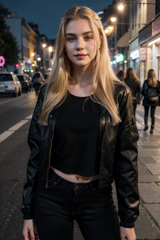 Raw photo, lovely and beautiful, realistic,girl,age 20, full body, long and blonde hair, pale skin, sharp jawline face, pink lips, body, beautiful face, light smile, detailed face,wearing black jacket and black skinny jeans ,big figure , full body, standing, outdoor, night, streets, ((looking at viewer)),((face towards me)), model.