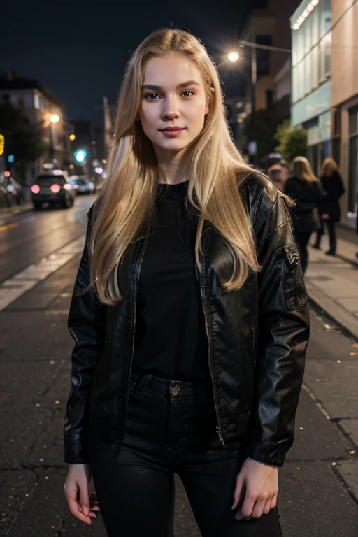 Raw photo, lovely and beautiful, realistic,girl,age 20, full body, long and blonde hair, pale skin, sharp jawline face, pink lips, body, beautiful face, light smile, detailed face,wearing black jacket and black skinny jeans ,big figure , full body, standing, outdoor, night, streets, ((looking at viewer)),((face towards me)), model.