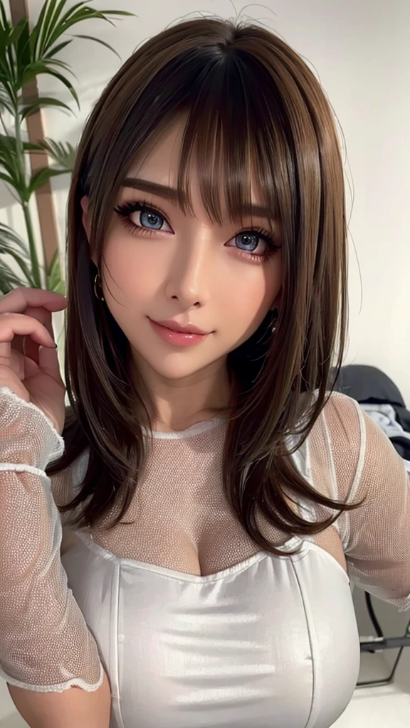 Very detailed, beautiful, highest quality, Professionally taken photos, Like a poster, detailed beautiful round eyes, beautiful detailed face, Whole Body Ezbian, Medium Long Hair, Casual Hairstyles, (Random color hair, Golden mesh), Big eyes, Random color eyes, Long eyelashes, Thick mascara, Dark eyeliner, (Huge breasts), (Bust about to burst:1.45), Wide selection, Thick waist), (Wide Hips:1.4, Toned thighs, Body Curves), 40 years old, woman, (White tight dress, white), Perfect Face, Perfect body, Sexy pose, (A shy smile), Random Location, nature, (alone), The light on my face,