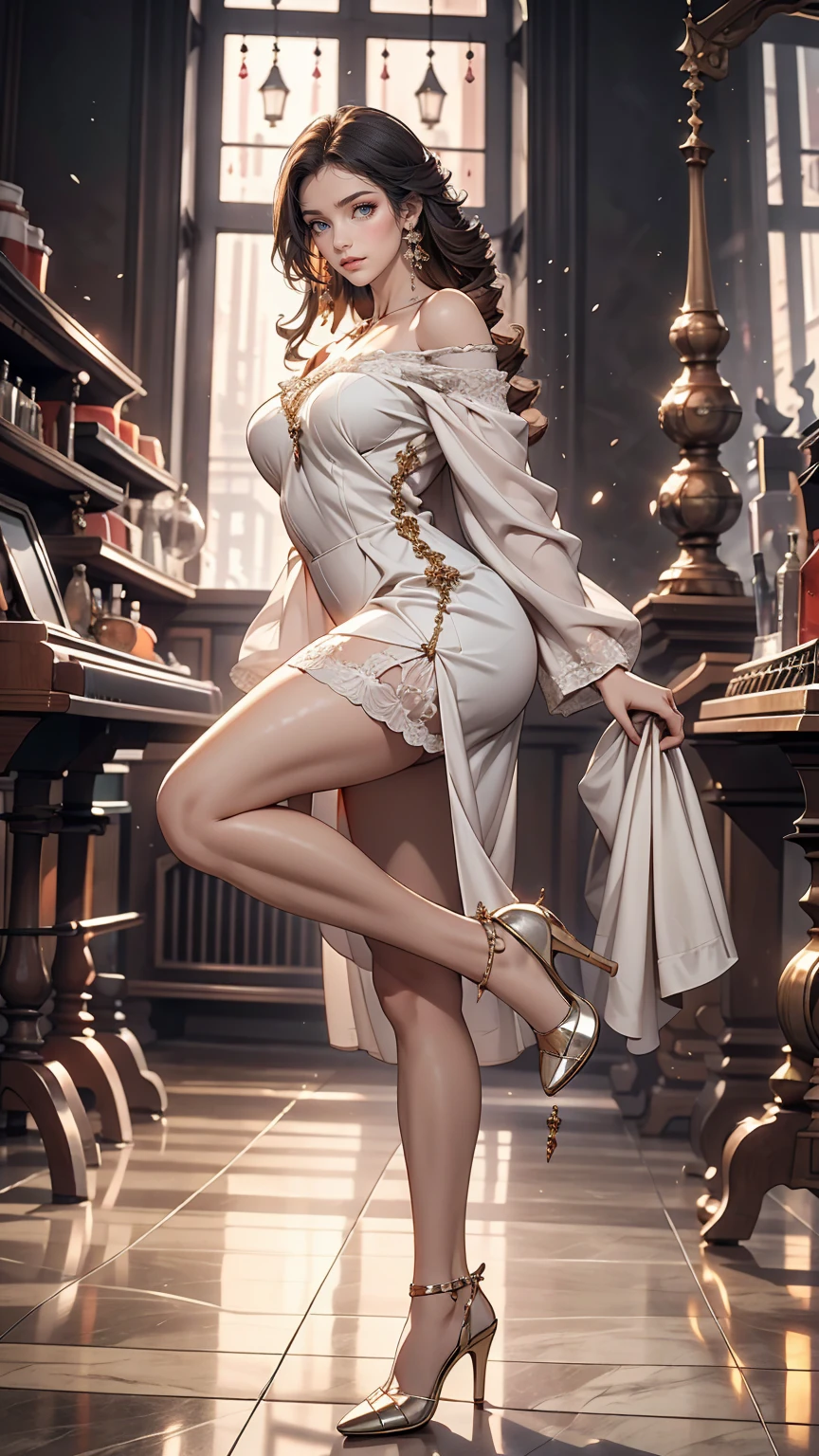 24-year-old woman、long hair、Sexy proportions、Vertical roll on one side((side drill))、smile、Wear an off-the-shoulder dress、No sleeve、Wear stiletto heels、The floor is marble、Model pose