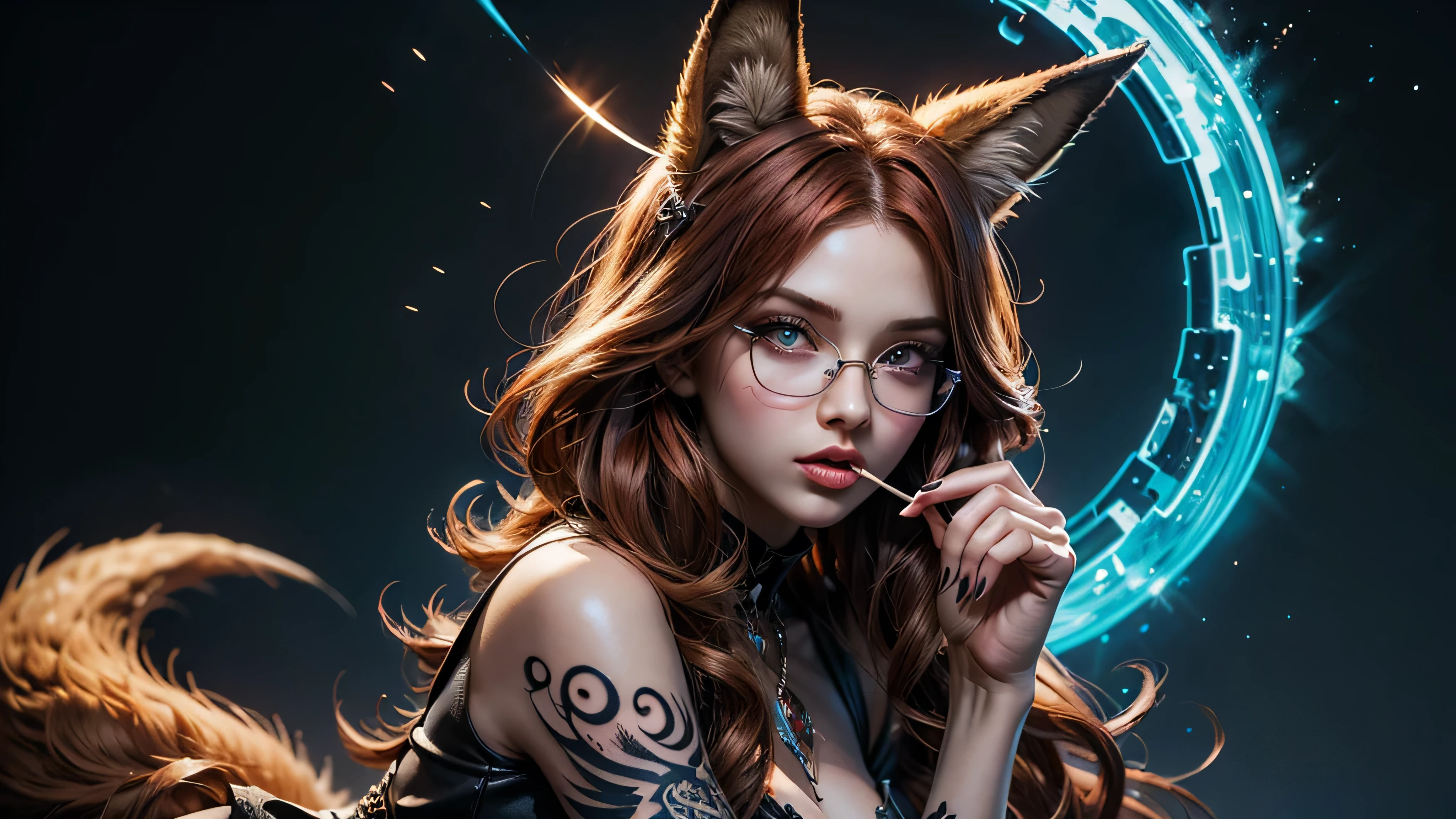 On the hood of expensive sport car in seductive pose sitting nine tailed fox women, she have red hair with black highlighther eyes are green, she have saxy make up and seductive face expression, on her fox ears lot of pierscing, she have blue batterfly tattoo on her shoulder, she dressed in topic and short skirt with long stokings and snikers, there's glasses on her face, she licking lolly pop that she hold in her hand, (ultra high quality fantasy art, dark fantasy style, masterpiece, ultra high quality character design, 8k quality anime art, realistic anime art, top quality wallpaper illustration, detailed ultra high quality accurate face, high quality design and accurate physic