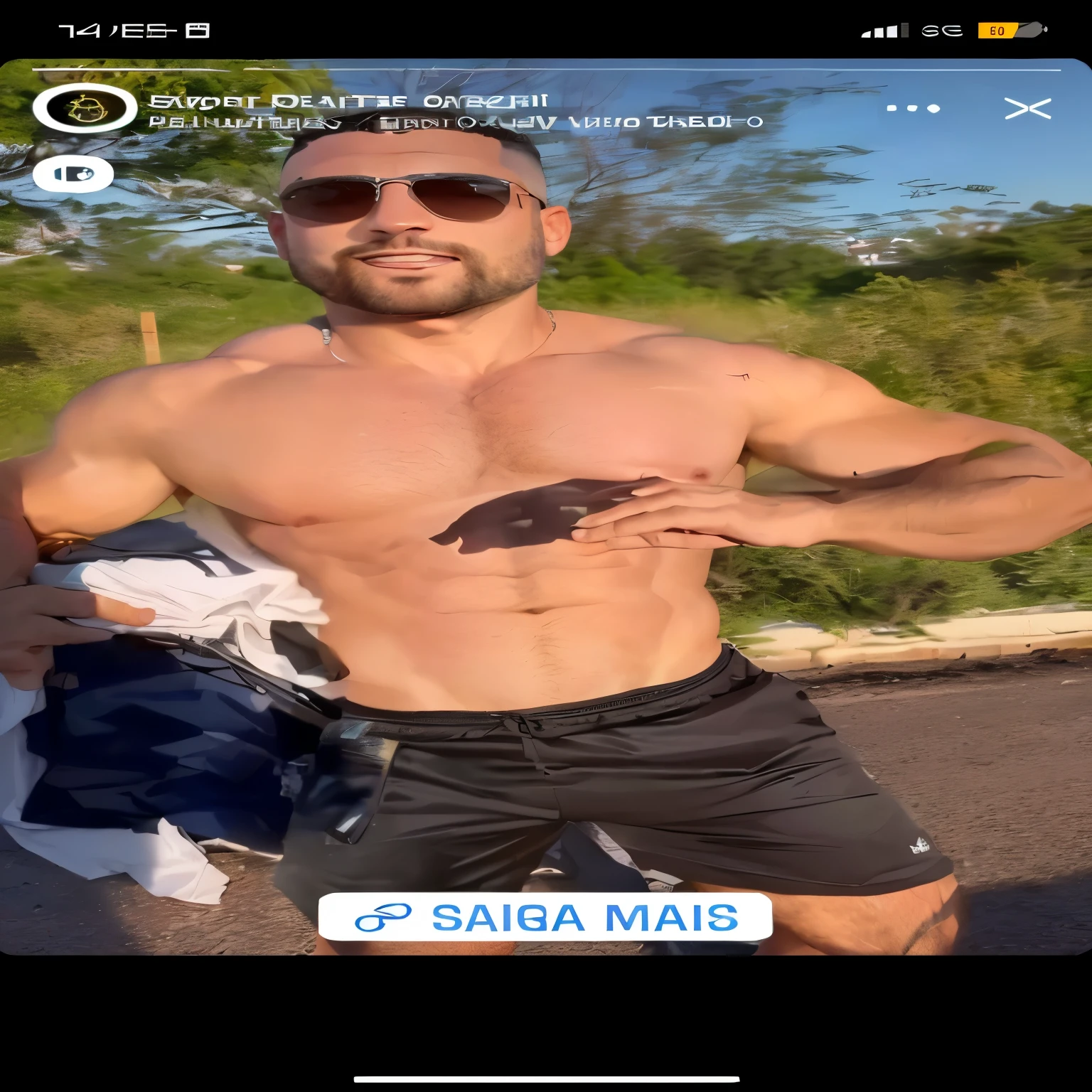 trimmed man in sunglasses and shorts posing for a selfie, riffle on peito, sem camisa biden with tatoos, sem camisa, your palms are sweaty, mid shot of a handsome guy, huge shiny muscles, Corpo de Ernest Khalimov, roupas rasgadas segurando chicote, open v peito clothes, Body camera footage, peito, sparse peito hair, Body camera, bare peito