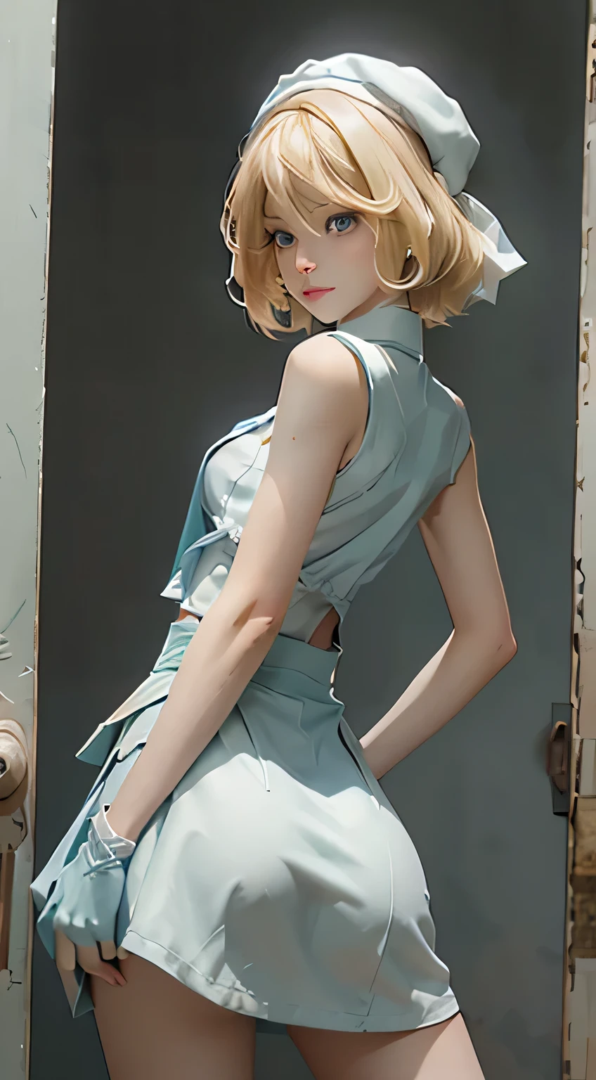 Blonde, short hair, green eyes, blue and white sleeveless stripped dress, Blue berret, white gloves, skirt raised, From behind, ass, Nice ass, ass shown
