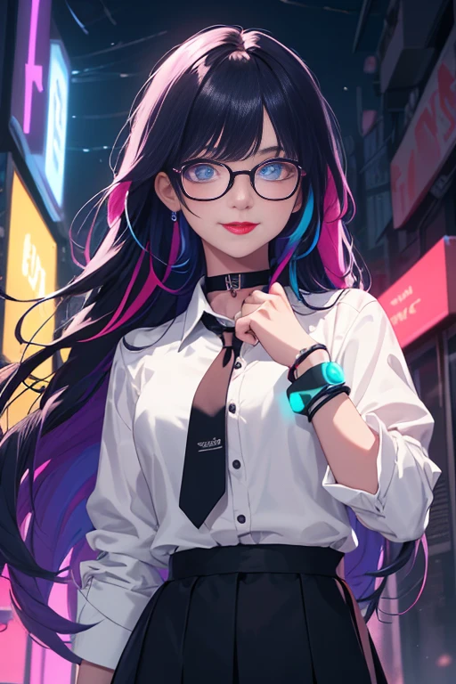 ((best quality)), ((masterpiece)), 8k, detailed eyes, perfect face, female, gamer girl, aqua eyes, cherry-red lips, light smile, long black hair, purple streaks, nerdy glasses, bangs, ribbon, choker, bracelet, sleeves past fingers, white shirt, red tie, black skirt, nighttime, neon lights, colorful lights, purple and cyan themed background