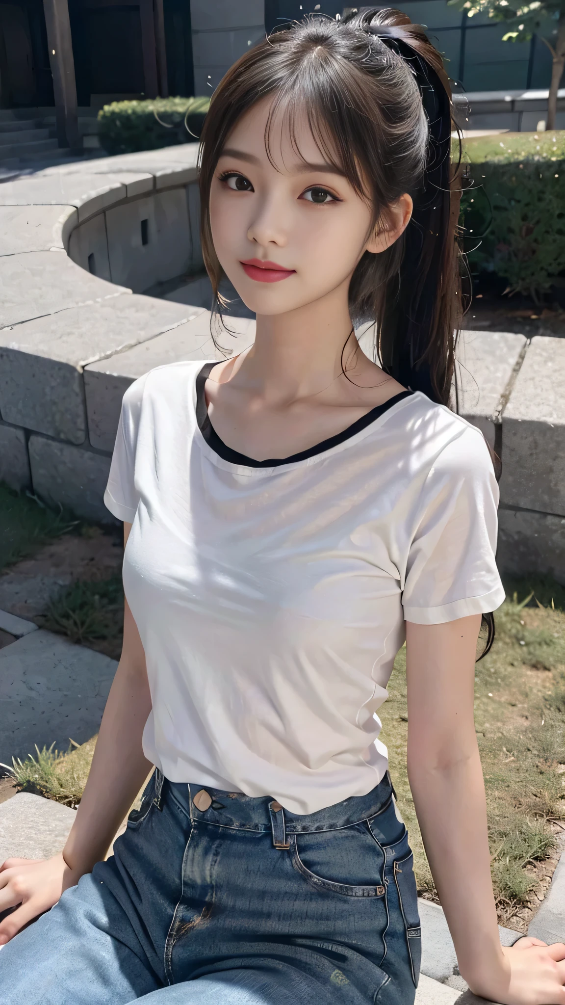 Black underwear shows through the white T-shirt,jeans,outdoors,Urban Park,On the lawn,Close up face,One woman,masutepiece, The highest image quality, High quality, the background is clear,Beautiful woman, Japanese, Detailed, Detailed eyes, Detailed skin, Beautiful skin, 超hight resolution, (reality: 1.4),Very beautiful woman, Slightly younger face, Beautiful skin, slender, (Ultra photo realsisim), (hight resolution), (8K), (Very detailed) (beautifully detailed eyes), (super detailed), (Detailed face), view the viewer, Fine details, Detailed face, Staring straight ahead, Staring straight ahead, photos realistic, Bright lighting, Professional Lighting, Black hair,poneyTail,a baby face,fourteen years old,Hairstyle: ponytail,Long ponytail hairstyle,slight smile,neat and tidy clothing,Beautiful Japanese KPOP idol photo, hair style is ponytail, my eyes are double and wide, baby face, smile and look straight ahead, slender, small breasts,Close up face,