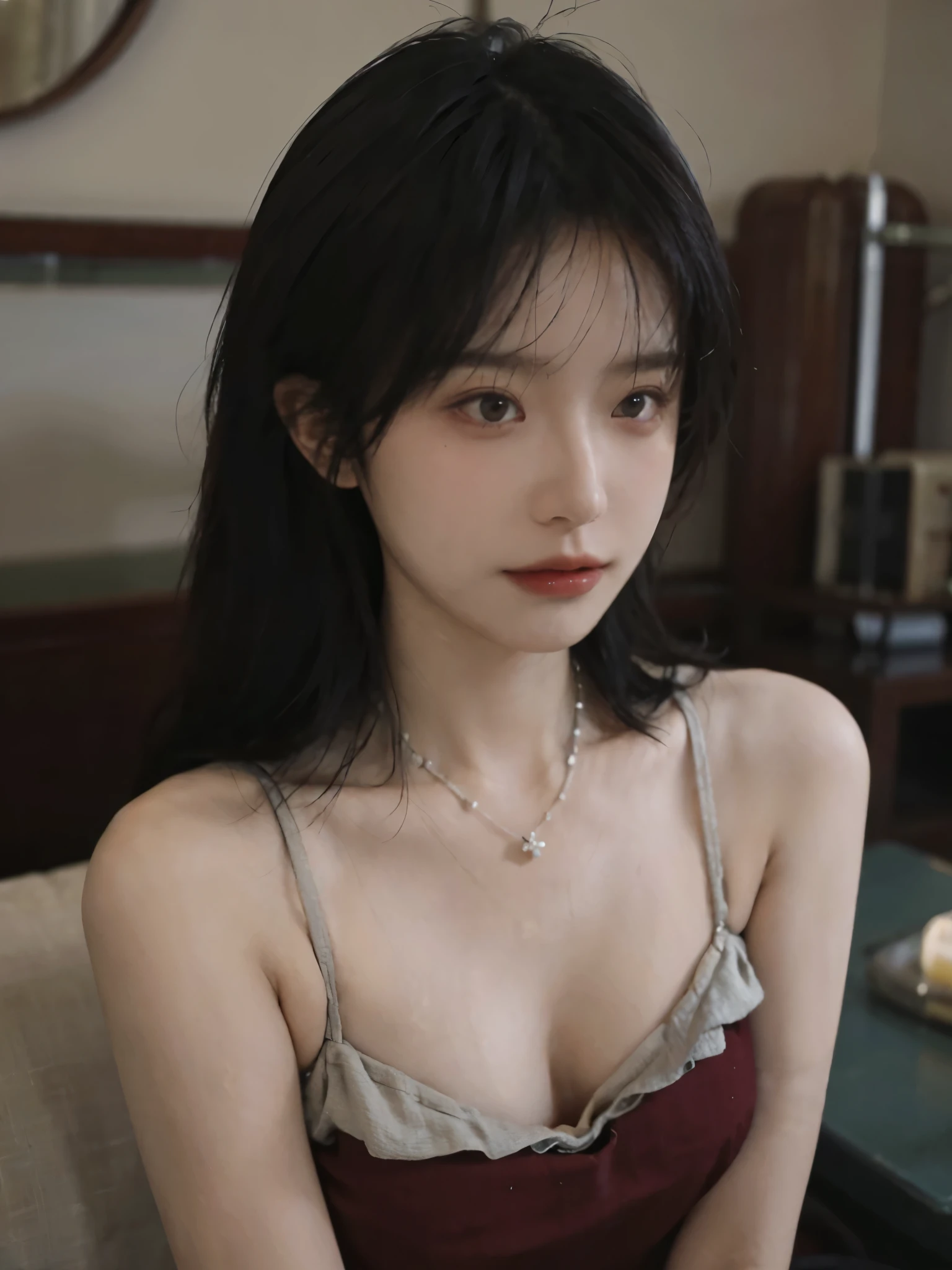 Film portrait photography, 2 girls, Bare shoulders,Lipstick,(flat chest:1.4), Wear a necklace,Cute expression,Exquisite makeup,Red suspenders,serene, calm, (Realistic and detailed eyes, Natural skin texture, Realistic facial details), Big breasts:1.6,Big Breasts,Soft dramatic lighting, Depth of Field, Bokeh, Vibrant details, Detailed and detailed, Surreal, 35mm film, hazy, ,