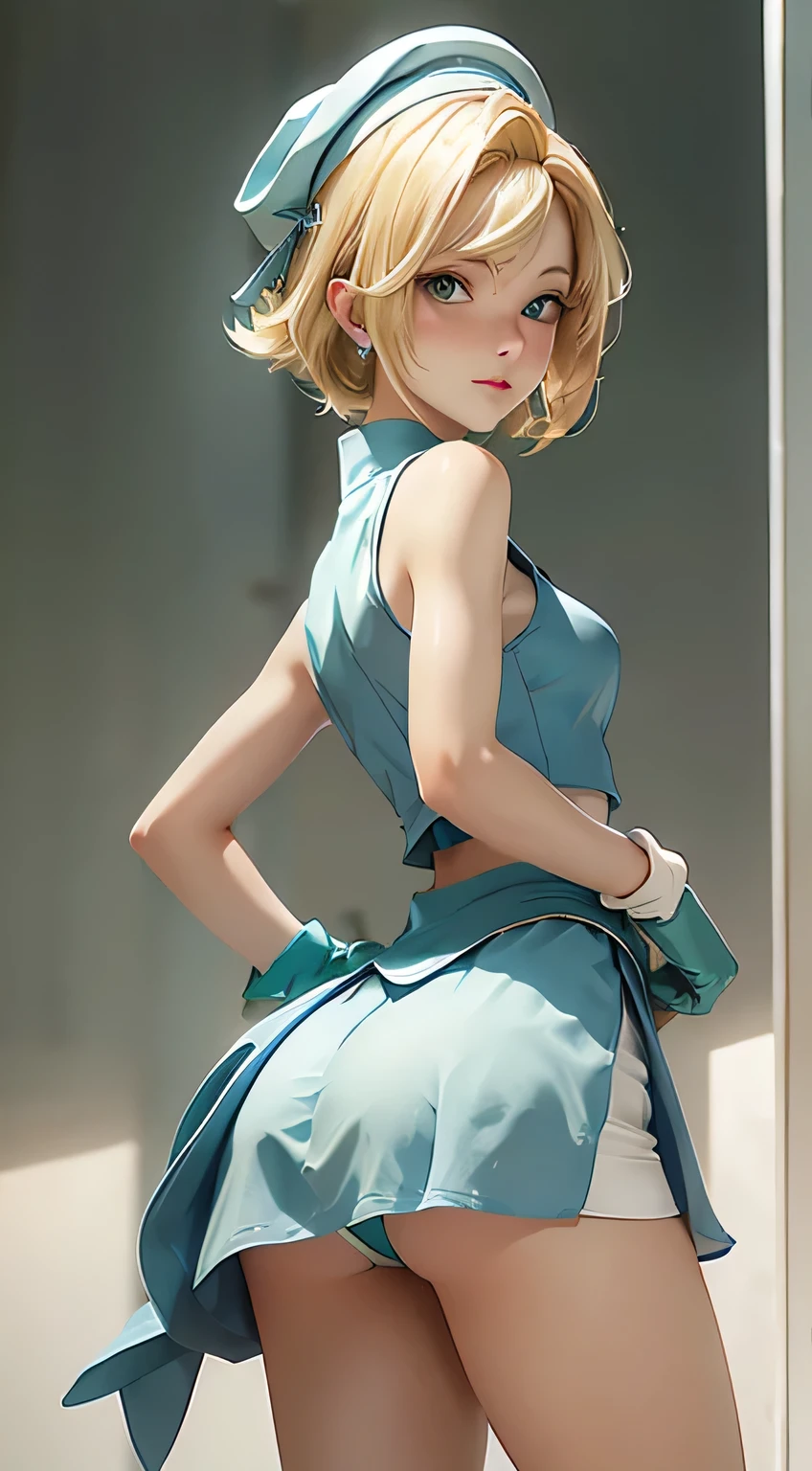 Blonde, short hair, green eyes, blue and white sleeveless stripped dress, Blue berret, white gloves, skirt raised, From behind, ass, Nice ass, ass shown
