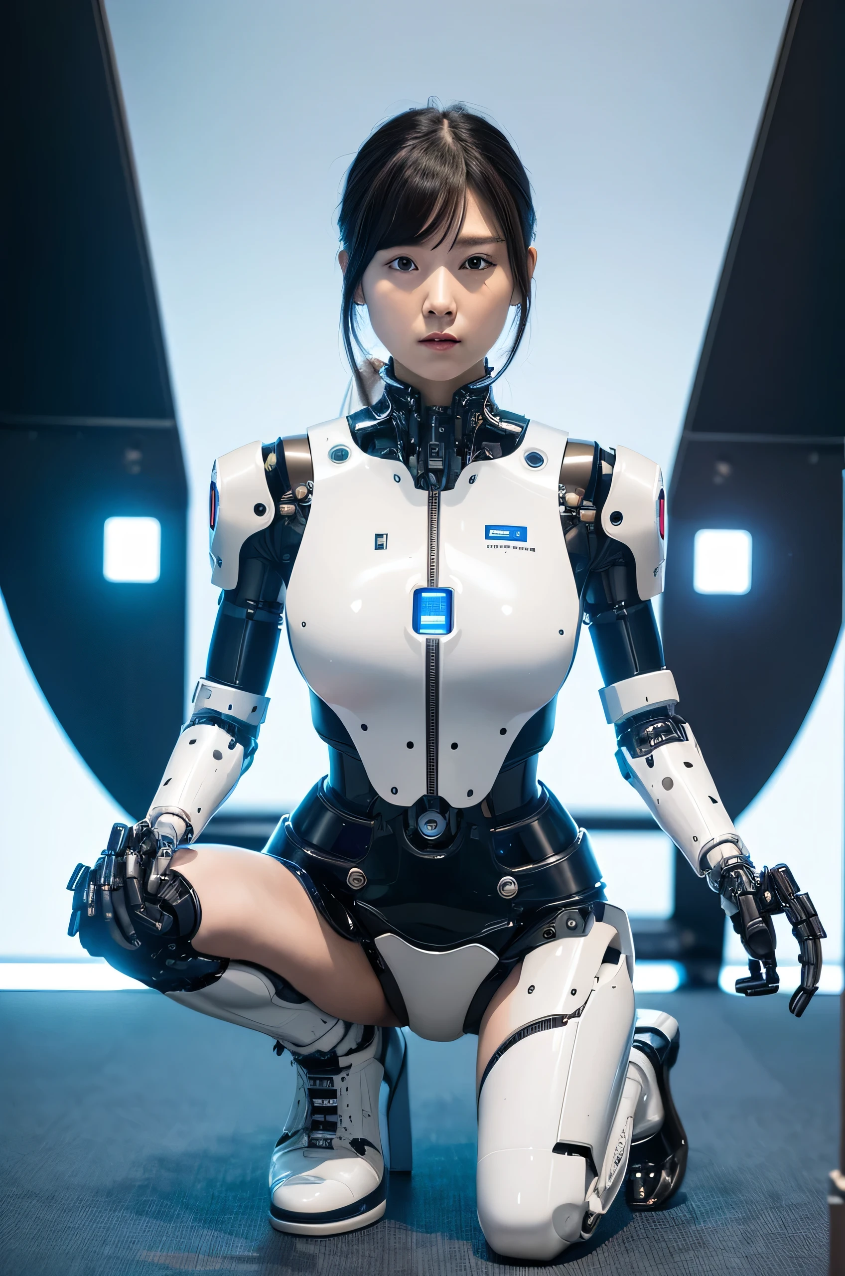 masterpiece, best quality, extremely detailed, Japaese Cyborg Girl,Plump , White boots,control panels,android,Droid,Mechanical Hand, ,clothes with a sense of mechanical technology, Robot arms and legs, Black Robot Parts,Black hair,Mechanical body,dress shirt,long vest,Blunt bangs,White abdomen,White robotics parts,perfect robot woman,future laboratory,cyber pank,charging spot,laboratory,long tube,thick cable connected her neck,kneel on the floor,bowing,ceramic body ,mechanical body,blue eyes,android,robot humanoid