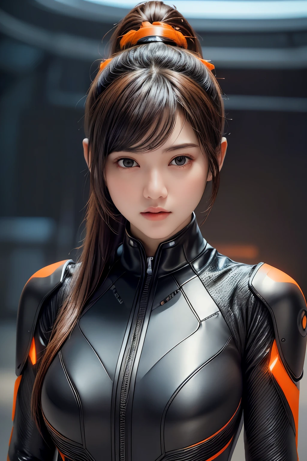 Top Quality, Masterpiece, Ultra High Resolution, (Photorealistic: 1.4), Raw Photo, 1 Girl, Black Hair, Glossy Skin, 1 Mechanical Girl, (((Ultra Realistic Details)), (realistic face: 1.2), realistic skin, Global Illumination, Shadows, Octane Rendering, 8K, Ultra Sharp, Intricate Ornaments Details, wearing Futuristic Headphone,  Futuristic headgear, very intricate detail, realistic light, CGStation trend, brown eyes, glowing eyes, matte black and glossy orange bodysuit, orange lining on suit, Long hair, Ponytail hair, half body shot, spaceship bridge background, dynamic pose, 