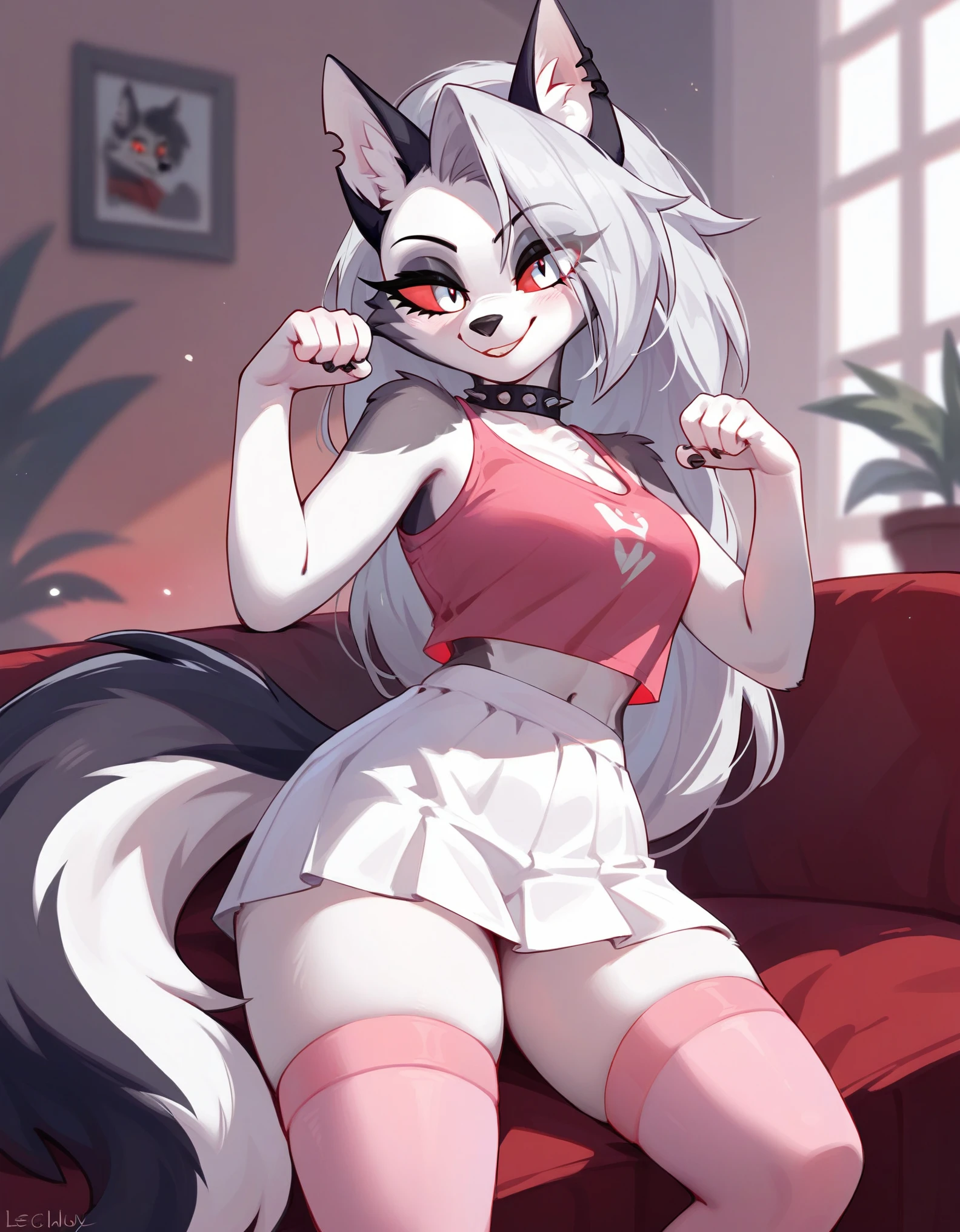 score_9,score_8_up,score_7_up, source_cartoon, source_furry, loona from helluva boss, hellhound, long white hair, hair in a pony tail, pink scrunchy, white eyes, red sclera, wearing pink tank top, white skirt, pink thigh high socks, smiling, cute pose