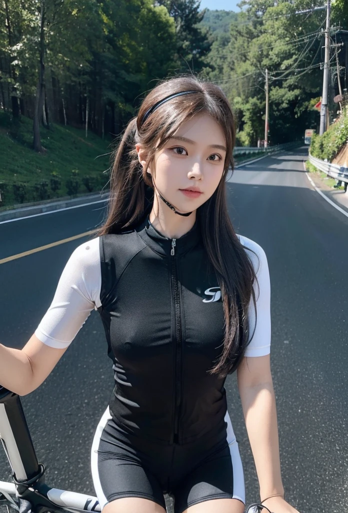 (((masterpiece))), (((best quality))), (((Ride a road bike))), downhill, steep slope, eye mask, earphone, Cycling shorts, wind, Speed line effect, alone, 1 girl, ribbon, long hair, Split, big , Shy. blush, beard on face, beard on face,