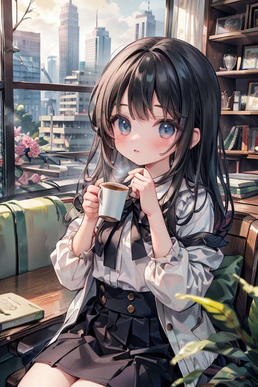 masterpiece, highest quality, Very detailed, 16k, Ultra-high resolution, Cowboy Shot, Detailed face, Perfect Fingers, A 14-year-old girl, black eye, Black Hair, Wavy Hair, Luxurious Western-style building, Bookshelf, Table seating, Chair, Tea making facilities, Chairに座って本を読む, SZ_4po enviroment