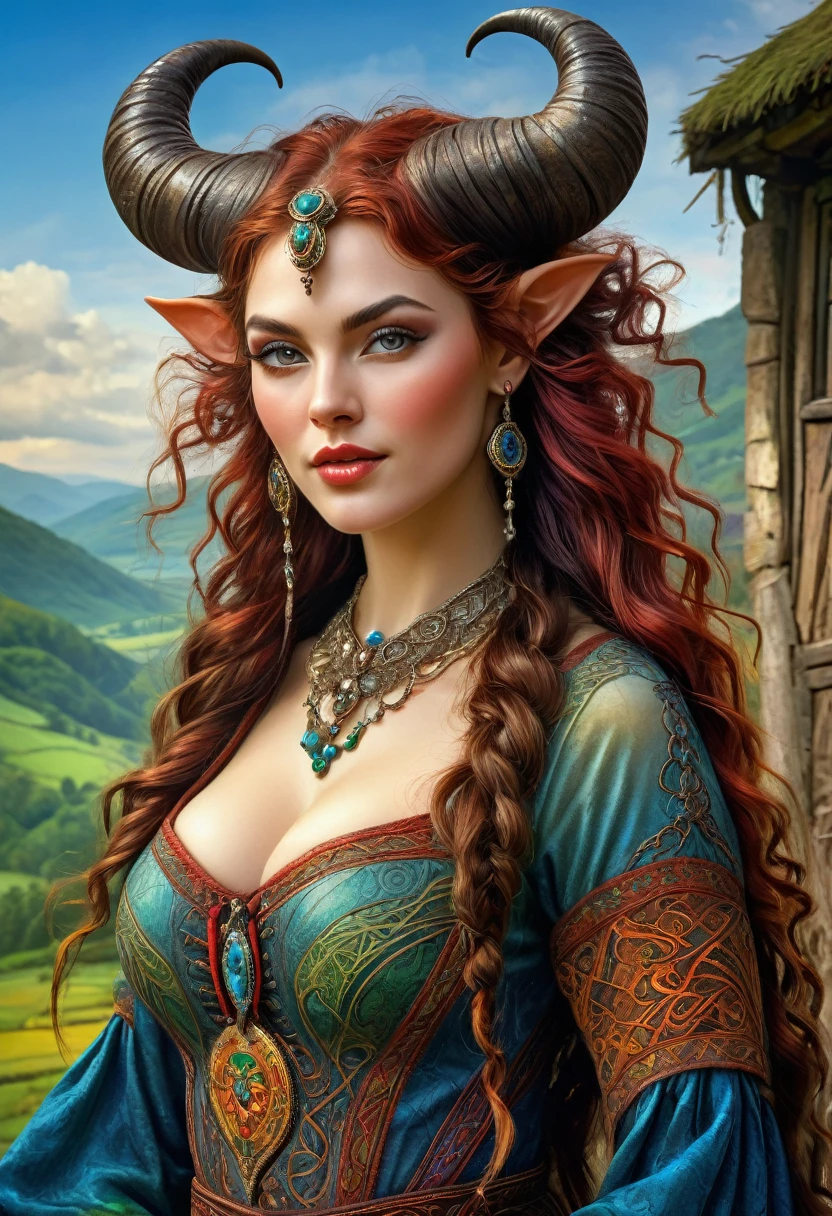 Gorgeous attractive Romanian Tiefling lady, beautiful 1600's Romanian celebration, huge breast, 1600's Romanian village backdrop, photorealistic, Anna Dittmann, Greg rutowski, Luis Royo, Susan boulet, detailed, Josephine Wall, studio photo quality, intricate breathtaking composition blending the elements of Celtic culture, beauty, 3d effects,incredibly absurdres, ultra detailed, high resolution, realistic lighting, photorealism, hyperrealism,masterpiece,vibrant colors,stunning visuals,ultra skin texsture,stable diffusion,perfect anatomy,crazy details