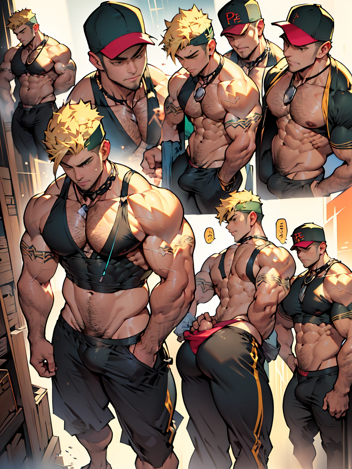 Young man, short blond hair, handsome face, tired expression, green eyes, large muscles, (hyper pectoral: 1.8), (thick thigh: 1.50), (large butt: 1.5).
He's wearing a low-cut tank top, black pants, a backwards hat, and a silver chain around his neck. big penis, big bulge, huge dick.