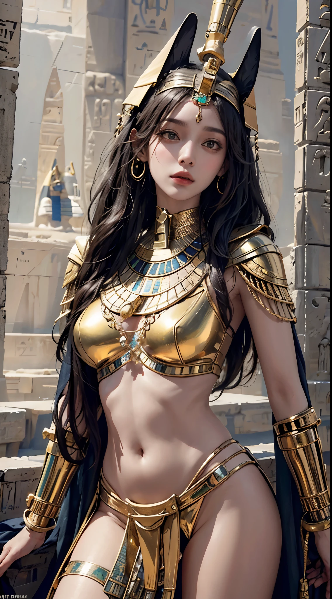 24-year-old ancient Egyptian woman、Ptolemaic Queen、Cleopatra、Unparalleled beauty、Black Hair、Iris、Straight bob hairstyle 、Straight bangs、Sexy proportions、Narrow waist、Ancient Egyptian Dynasty Accessories、Half naked