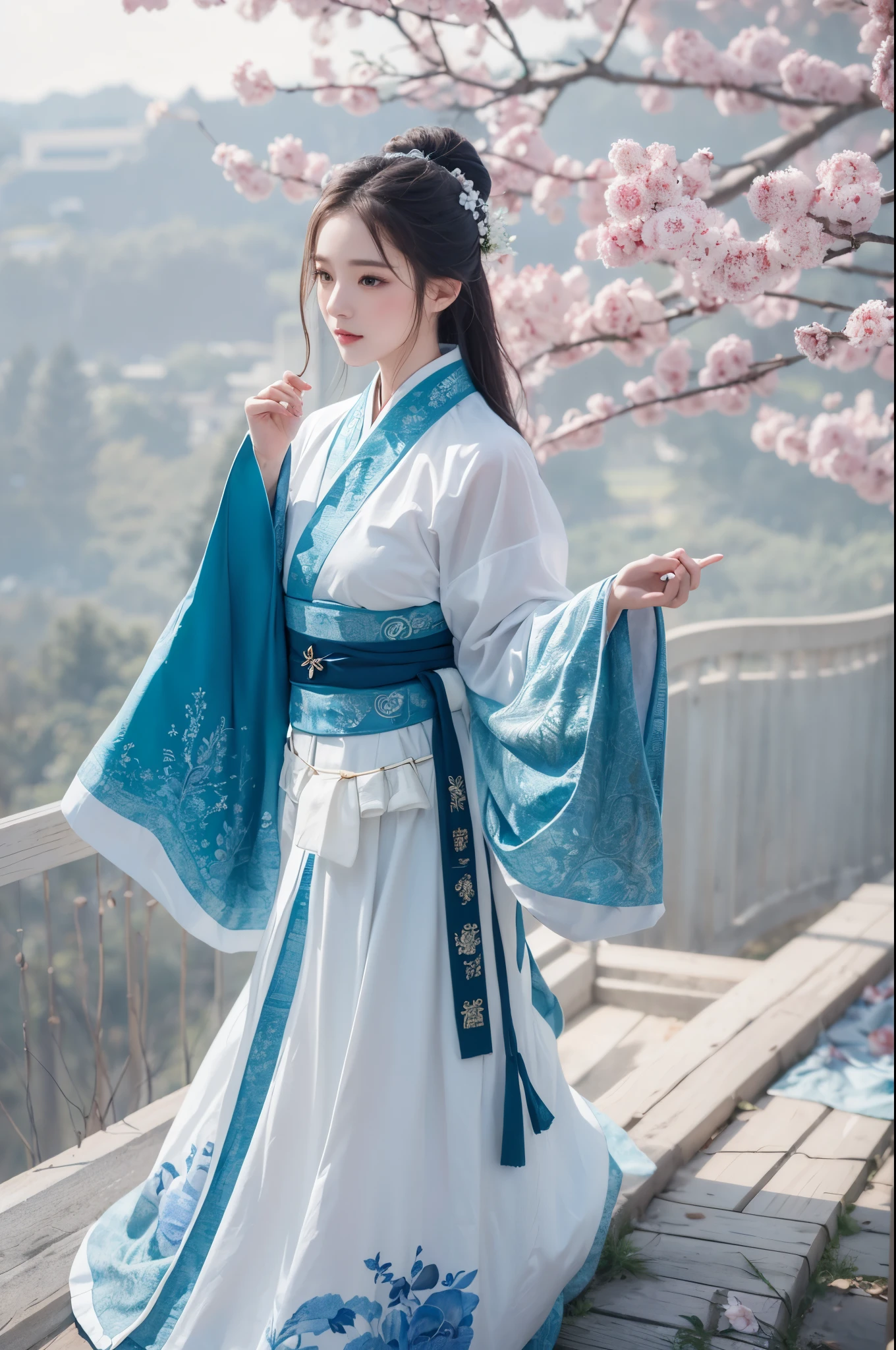 Best quality,masterpiece,Real photography,Official Art,Perfect girl,Professional photography,Photographic pose,Blue and white porcelain style Hanfu