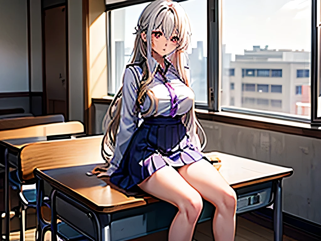 Fullbody image of an exhausted Japanese high school girl with long wavy white hair, tired sharp glowing purple eyes, nicely shaped breasts, a muscularly lean and slim body with extremely defined forearms, wearing a uniform in school classroom. She is sitting on a desk. 