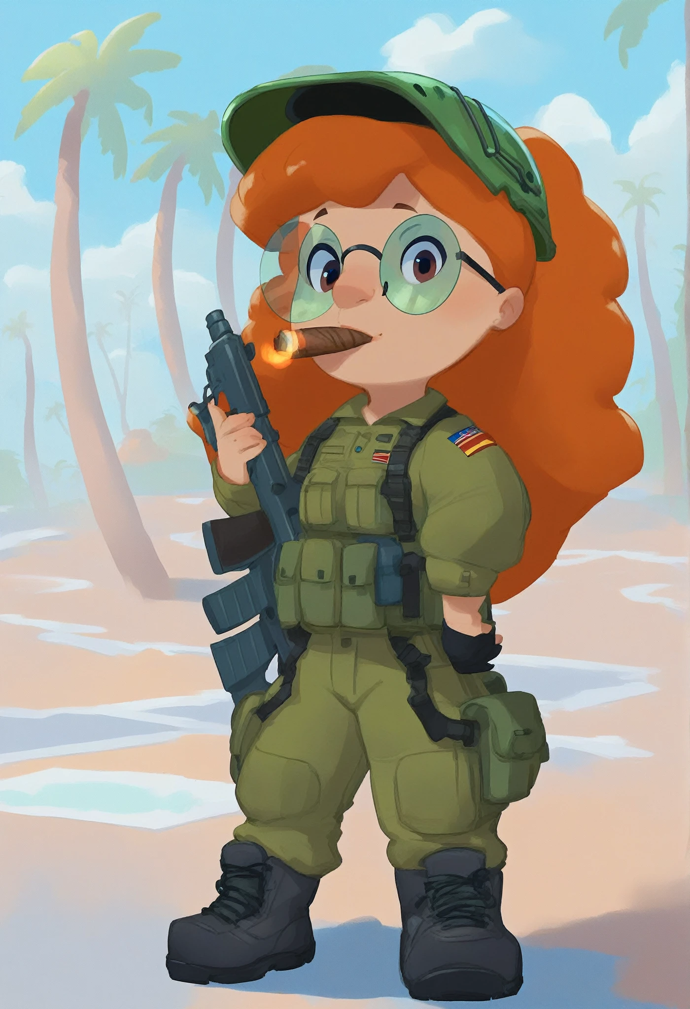 rating_safe, Mertle_Edmonds, curvy orange hair, long hair, round green glasses, 1girl, solo, Advanced Combat Helmet, combat fatigues, combat boots, holding rifle, cigar in mouth, full body, little_child, female_child, standing on the street, palm trees, looking at viewer, score_9, score_8_up, score_7_up, score_6_up, score_5_up, score_4_up