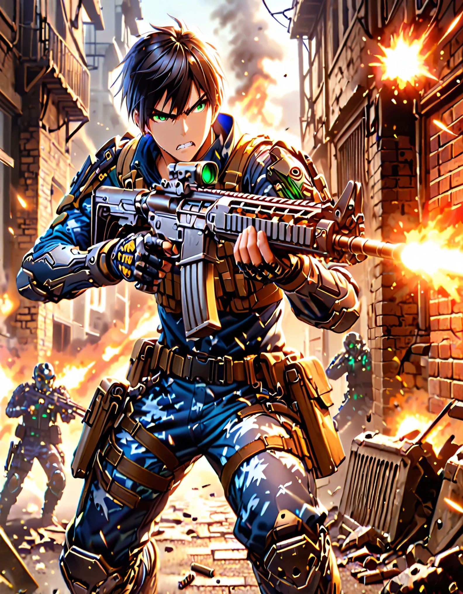 masterpiece, best quality, hires, 1man, solo, solo focus, dynamic action pose, silver-skinned male, holding weapon, cybernetic limbs, holding gun, holding and firing a (belt-fed machine gun) with one hand, shell casings coming from gun, black hair, brown hair, short hair, crew cut hair, green eyes, clenched teeth, tactical gear, shoulder pads, knee pads, blue camouflage pants and uniform, brown combat shoes, action scene, looking away, destroyed cars, bullet holes, brick wall, muzzle flash, looking away
