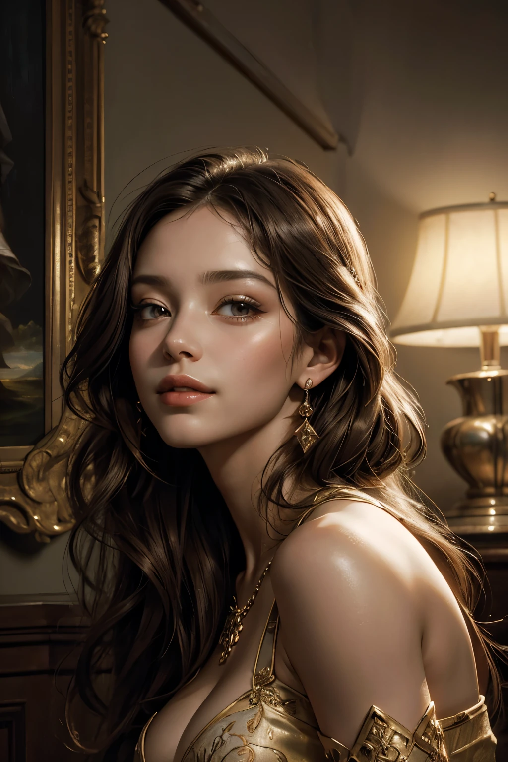 A stunning woman, poised with grace and beauty, dives between ethereal clouds in a captivating oil painting, reminiscent of the Renaissance era (Masterpiece: 1.2) (Best Quality, 4K, 8K, High Resolution). This exquisite masterpiece boasts ultra-detailed eyes and face, with long eyelashes that seem to catch the light and beautifully detailed lips that curve in a soft, enchanting smile. Her delicate facial features are accentuated by the dramatic, warm color palette and the skillful use of chiaroscuro, creating an atmospheric and volumetric effect that adds depth and dimension to the painting. The intricate brush