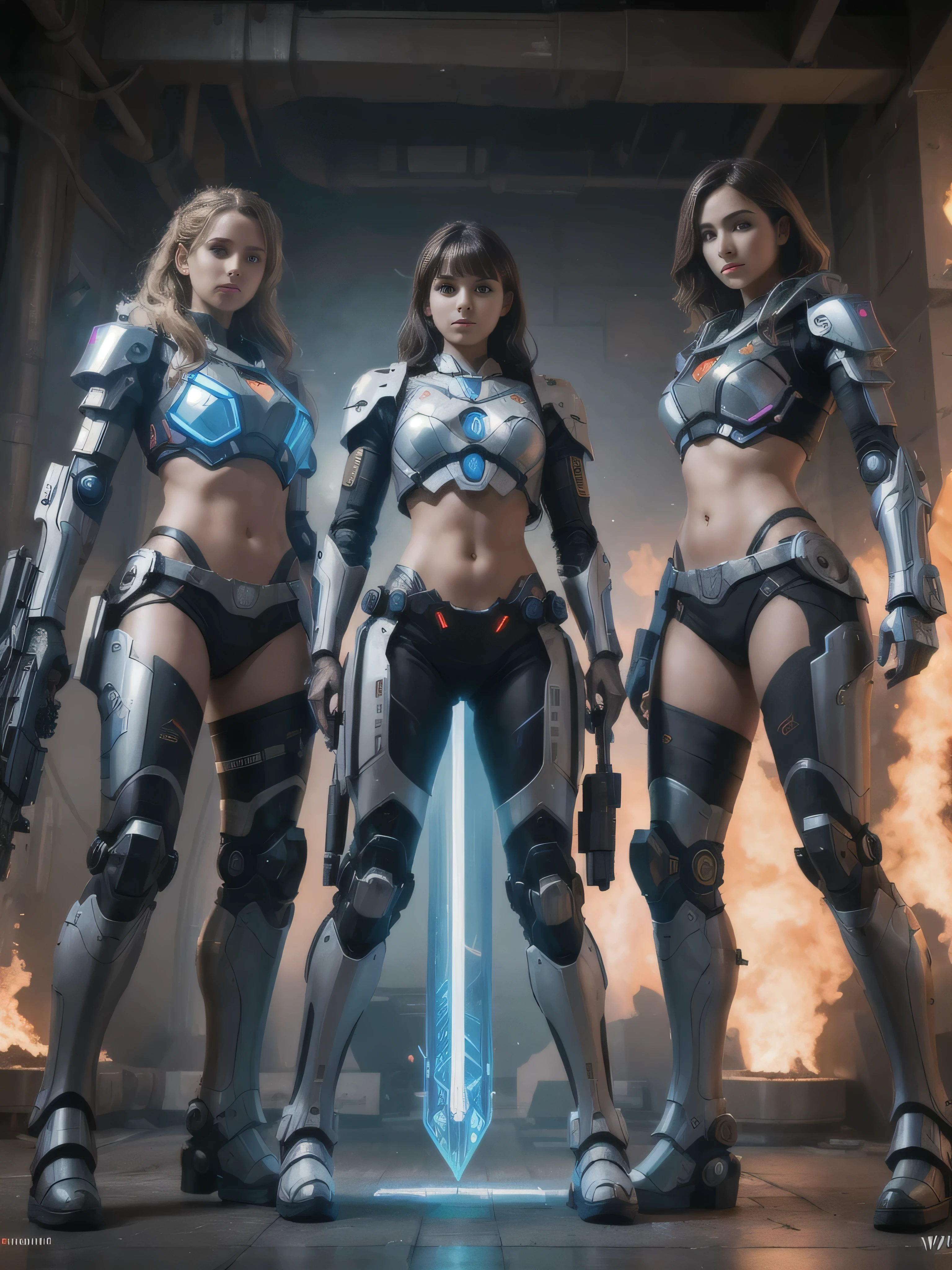 (best quality, 4k, Masterpiece, ultra detailed, RAW quality), girl with plasma shield on her arm, three girls in printed vikini, war robots standing next to them.