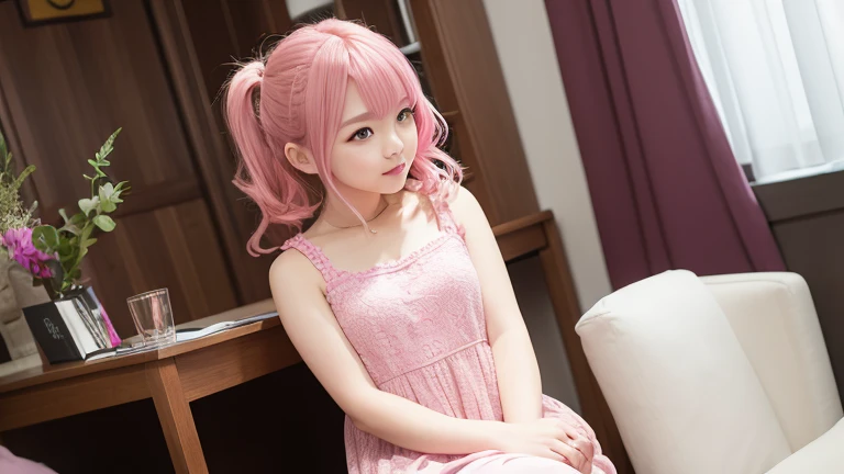 Being interviewed、girl、cute、Pink Hair、Upper Body、Wearing a dress、
