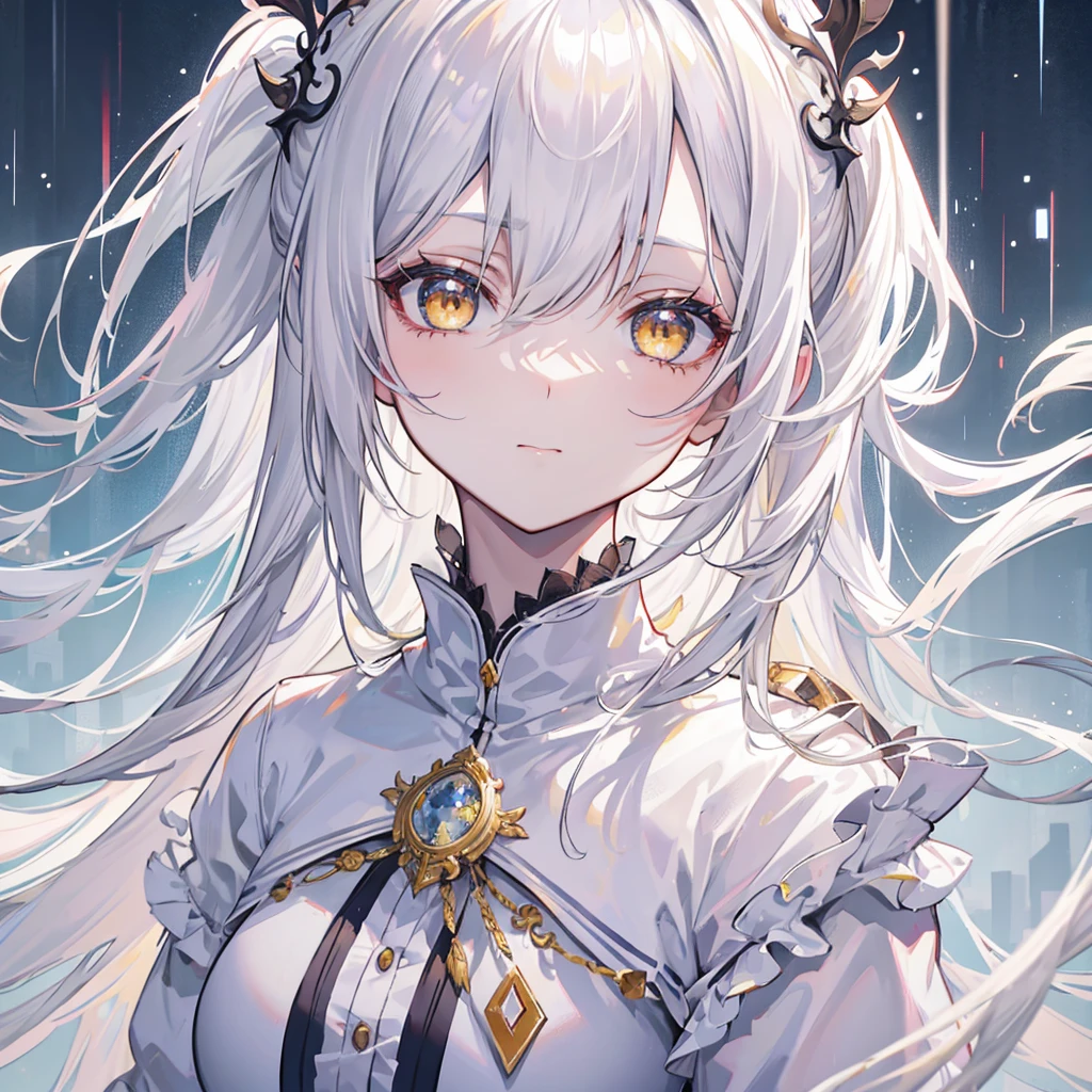 masterpiece, best quality, extremely detailed, cinematic lightning, intricate detail, highres, finely detailed beautiful face and eyes, high resolution illustration, 8k, depth of field, solo, 1girl, a girl with pale silver hair and midoka yellow eyes, medium pale silver wolf cut hairstyle, beautiful midoka yellow eyes, beautiful landscape, rainy city, upper body, looking at viewer, close up