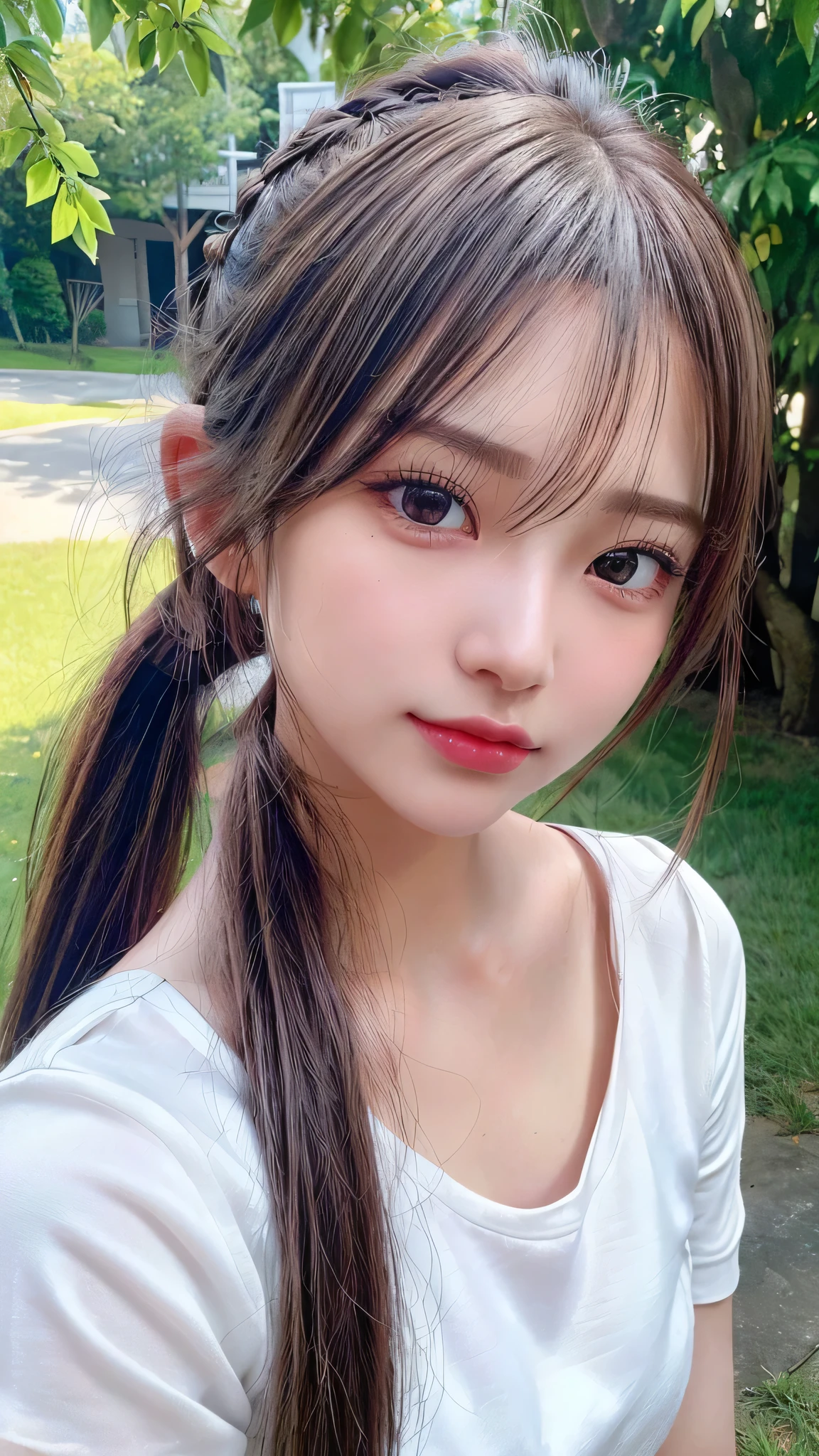Black underwear shows through the white T-shirt,jeans,outdoors,Urban Park,On the lawn,10 years old,Outdoor,Close-up of face,Outdoor,Blushing,Facing forward,,Long hair ponytail,((8K, Raw photo, Best Quality, Mastepiece:1.2), (Realism, Photorealistic:1.4), (Highly detailed 8k wallpaper), Depth of written boundary, Cinematic Lighting, Soft Light, Detailed Beauty Eye,Shiny and smooth light brown ponytail, Asymmetrical bangs, Shiny skin, Ultra-detailed skins ,It is high resolution., High detail, Detailed hairstyle, Detailed facial beauty, Hyper-realistic, Perfect limbs, Perfect ??????? ,1 Japanese girl,Famous Japanese Idols, Perfect female body,A shy smile,Short eyelashes,Double-edged eyelids,Look straight here,Hair style: ponytail,