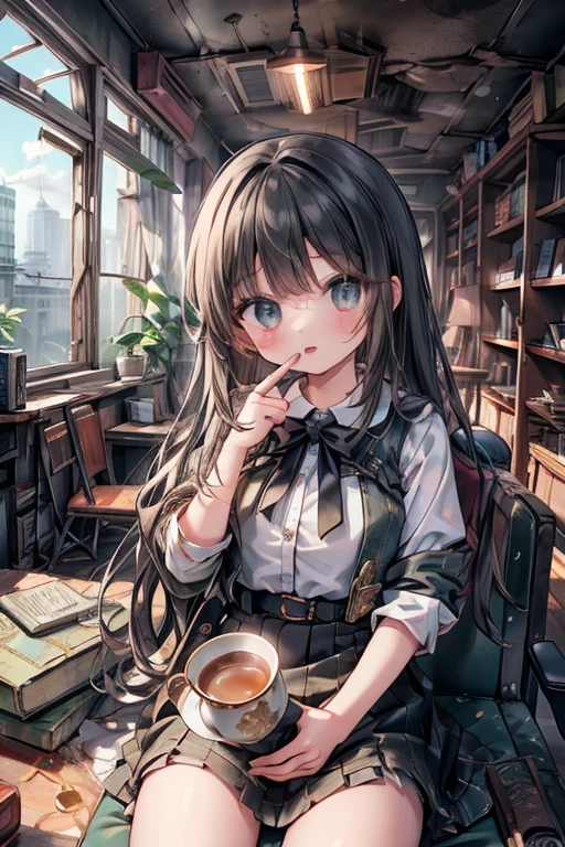 masterpiece, highest quality, Very detailed, 16k, Ultra-high resolution, Cowboy Shot, Detailed face, Perfect Fingers, A 14-year-old girl, black eye, Black Hair, Wavy Hair, Luxurious Western-style building, Bookshelf, Table seating, Chair, Tea making facilities, Chairに座って本を読む, SZ_4po enviroment