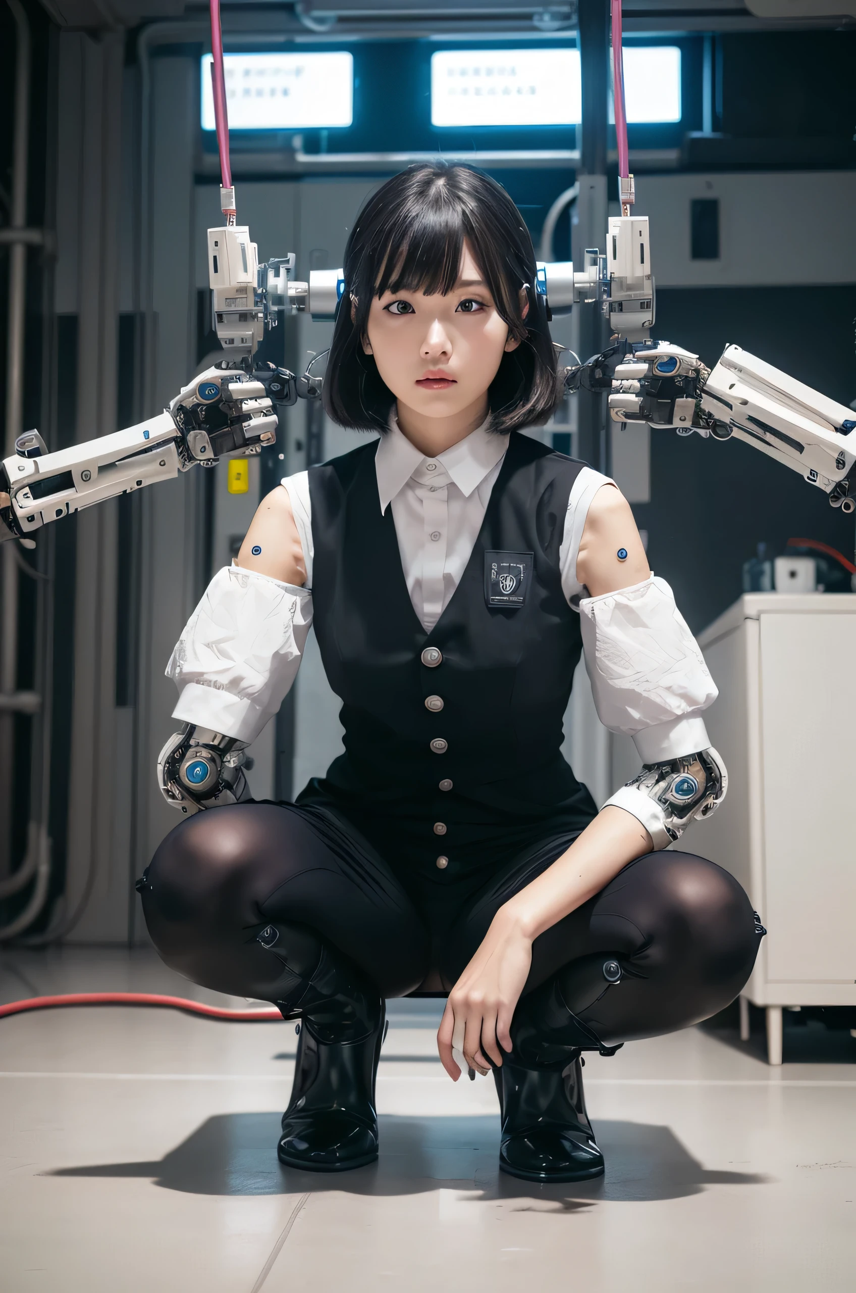 masterpiece, best quality, extremely detailed, Japaese Cyborg Girl,Plump , White boots,control panels,android,Droid,Mechanical Hand, ,clothes with a sense of mechanical technology, Robot arms and legs, Black Robot Parts,Black hair,Mechanical body,dress shirt,long vest,Blunt bangs,White abdomen,White robotics parts,perfect robot woman,future laboratory,cyber pank,charging spot,laboratory,long tube,thick cable connected her neck,kneel on the floor,bowing,ceramic body ,mechanical body,blue eyes,android,robot humanoid