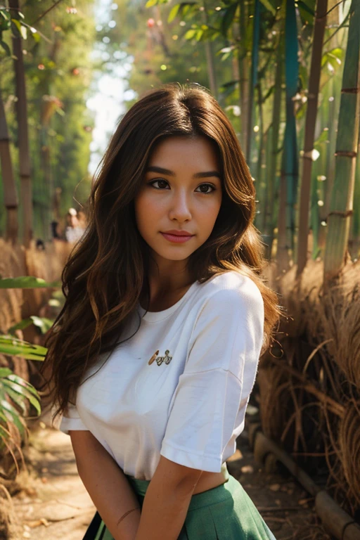 From above. portrait of a gorgeous European light brunette woman, age 23, wavy hair.
she's a playboy magazine model. She has a subtle smile and flirts with the camera,
( she's standing upright in a giant bamboo forest, she’s wearing a random colors shirt and a skirt, in the sunset light:1.2),
perfect eyes, perfect hands, perfect body, perfect hair, perfect breast, hair behind ear, blurry foreground, UHD, retina, masterpiece, accurate, anatomically correct, textured skin, super detail, high details, high quality, award winning, best quality, highres, 16k, 8k,