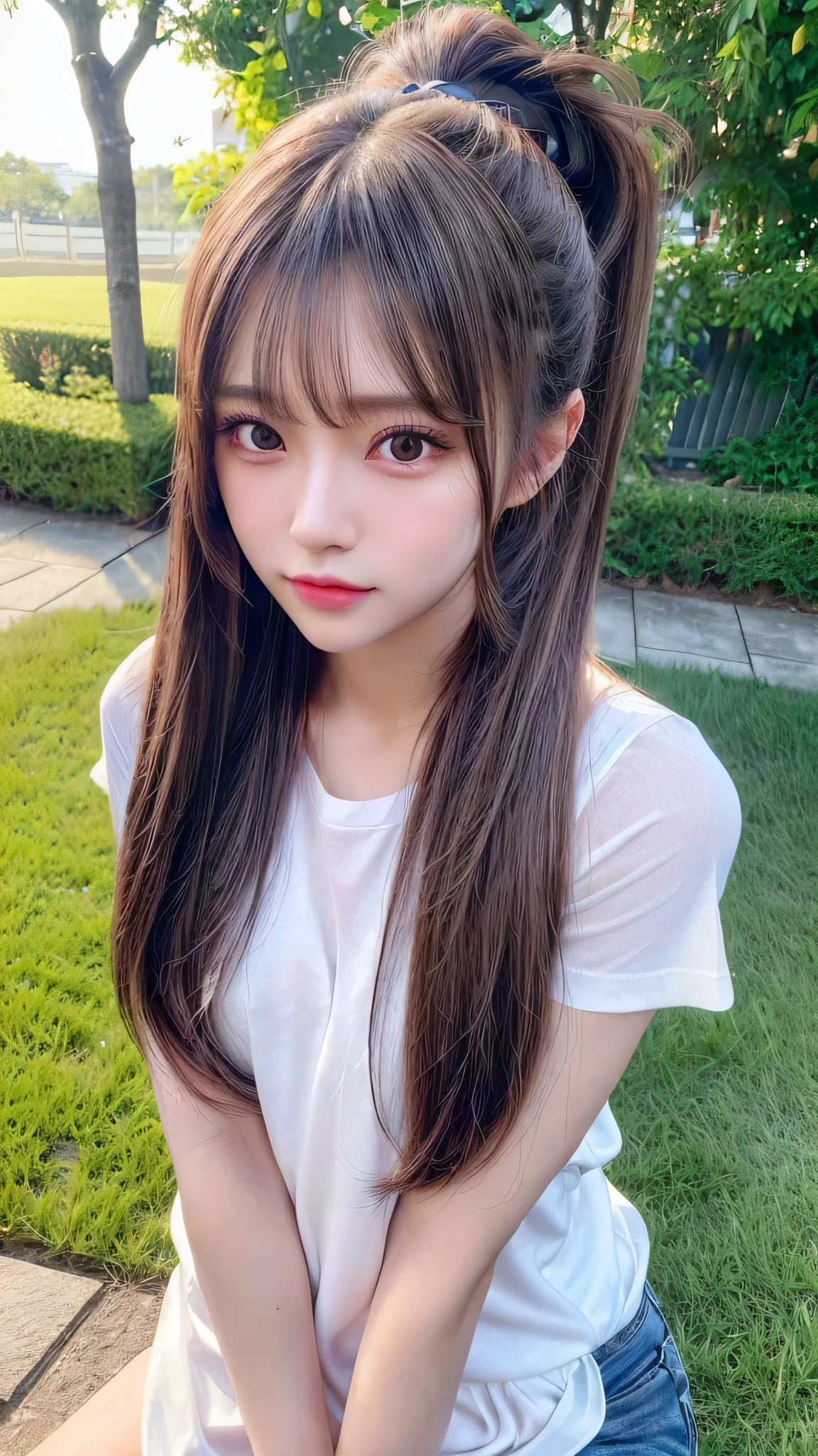 Black underwear shows through the white T-shirt,jeans,outdoors,Urban Park,On the lawn,Outdoor,Close-up of face,Outdoor,Blushing,Facing forward,,Long hair ponytail,((8K, Raw photo, Best Quality, Mastepiece:1.2), (Realism, Photorealistic:1.4), (Highly detailed 8k wallpaper), Depth of written boundary, Cinematic Lighting, Soft Light, Detailed Beauty Eye,Shiny and smooth light brown ponytail, Asymmetrical bangs, Shiny skin, Ultra-detailed skins ,It is high resolution., High detail, Detailed hairstyle, Detailed facial beauty, Hyper-realistic, Perfect limbs, Perfect Anatomy ,1 Japanese girl,Famous Japanese Idols, Perfect female body,A shy smile,Short eyelashes,Double-edged eyelids,Look straight here,Hair style: ponytail,