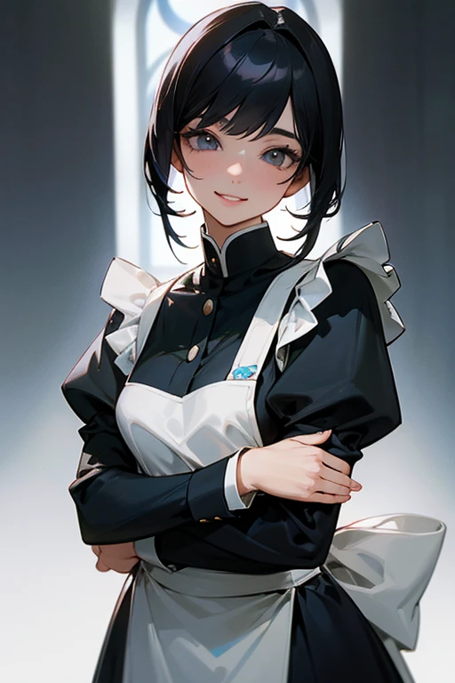 (Highest Resolution, clear_image) highest quality, Single person, One woman, alone, masterpiece, Very detailed, Semi-realistic, Black Hairのショートヘア, Black Hair, bangs, 18-year-old, mature, light blue uniform, uniform, Indoor Background, kind, Authoritative, Powerful, exquisite features, exquisite features、Eyelashes become longer、Showing teeth、smile😀、Maid clothes、woman'Fingers in the、Sleeping on the sofa、Long Hair、Fluttering in the wind、cleaning、Navy blue clothes、Long Hair、Fingers are carefully displayed、