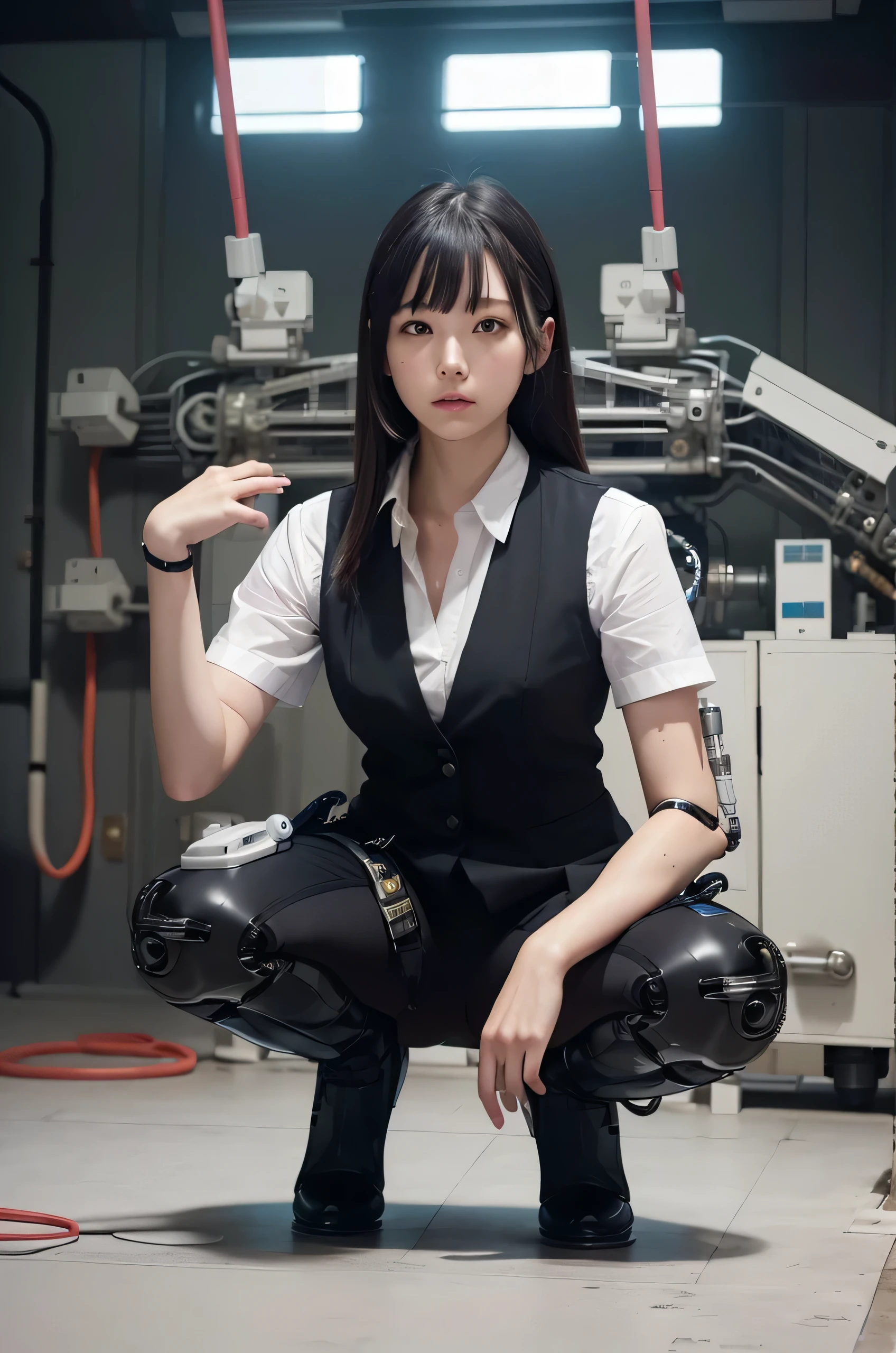 masterpiece, best quality, extremely detailed, Japaese Cyborg Girl,Plump , White boots,control panels,android,Droid,Mechanical Hand, ,clothes with a sense of mechanical technology, Robot arms and legs, Black Robot Parts,Black hair,Mechanical body,dress shirt,long vest,Blunt bangs,White abdomen,White robotics parts,perfect robot woman,future laboratory,cyber pank,charging spot,laboratory,long tube,thick cable connected her neck,kneel on the floor,bowing,ceramic body ,mechanical body,blue eyes,android,robot humanoid