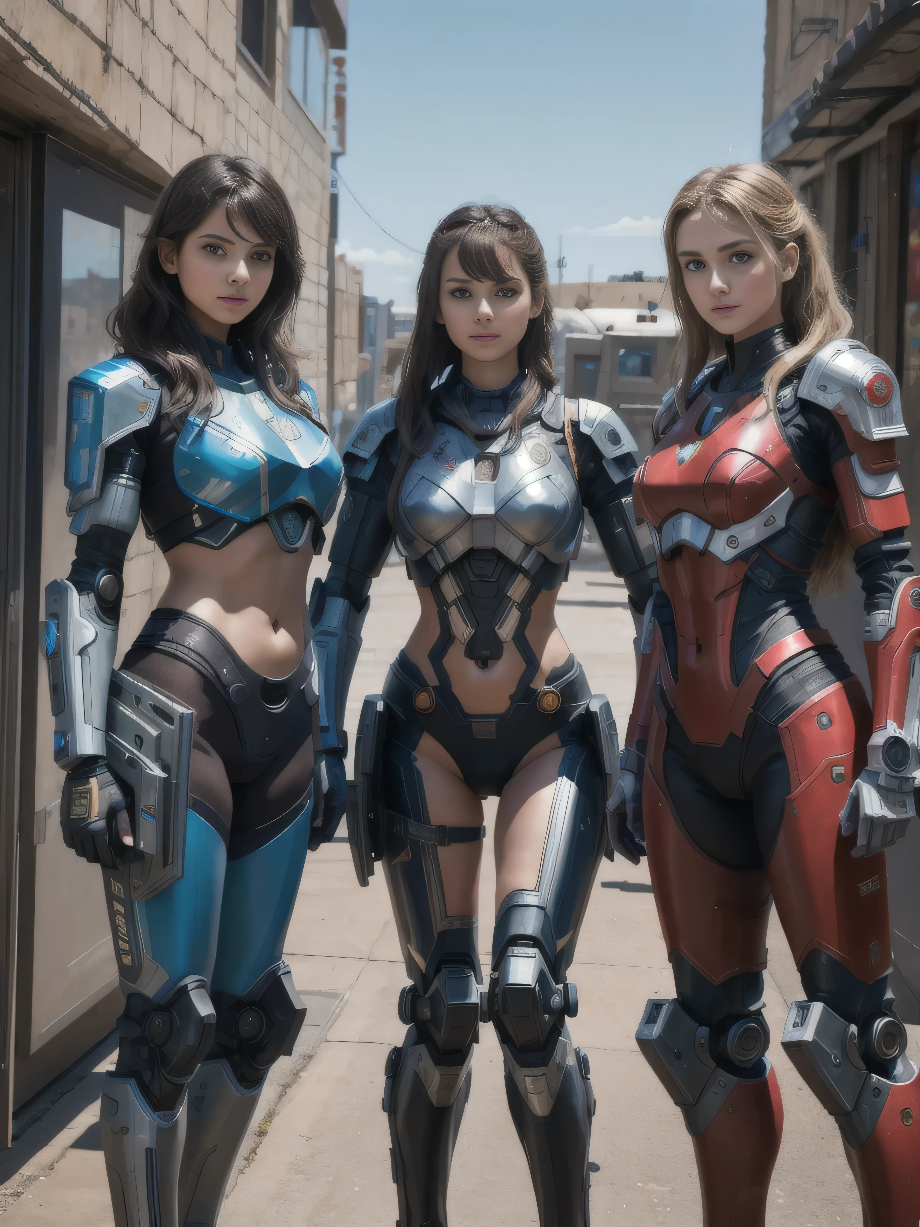 (best quality, 4k, Masterpiece, ultra detailed, RAW quality), girl with plasma shield on her arm, three girls in printed vikini, war robots standing next to them.