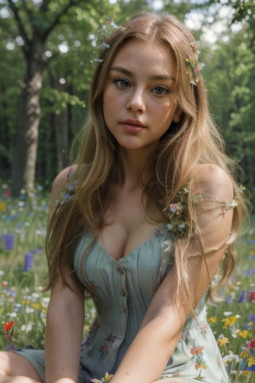 (One girl), Very beautiful, Long and blonde hair, sharp jawline face, pink lips, very cute, Great face and eyes, (Big round eyes:1.15), (Very detailed美しい顔), Very detailed CG synthesis 8k wallpaper, Very detailed, High resolution raw color photos, Professional photography, Realistic portraits, Celebrities, compensate, Straight hair, Brunette, Sitting, Please spread your legs wide, Outdoor, Deep woods, (A meadow full of wildflowers:1.5), (Wildflower Garden), ((Rivers)), (((Bokeh))), Depth of written boundary, (View from below:1.2),
