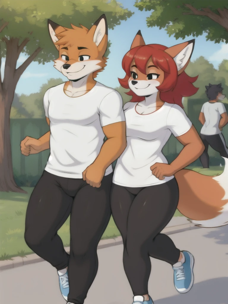 Furry, fox, smile, black leggings, white shirt, jogging with a partner, park,