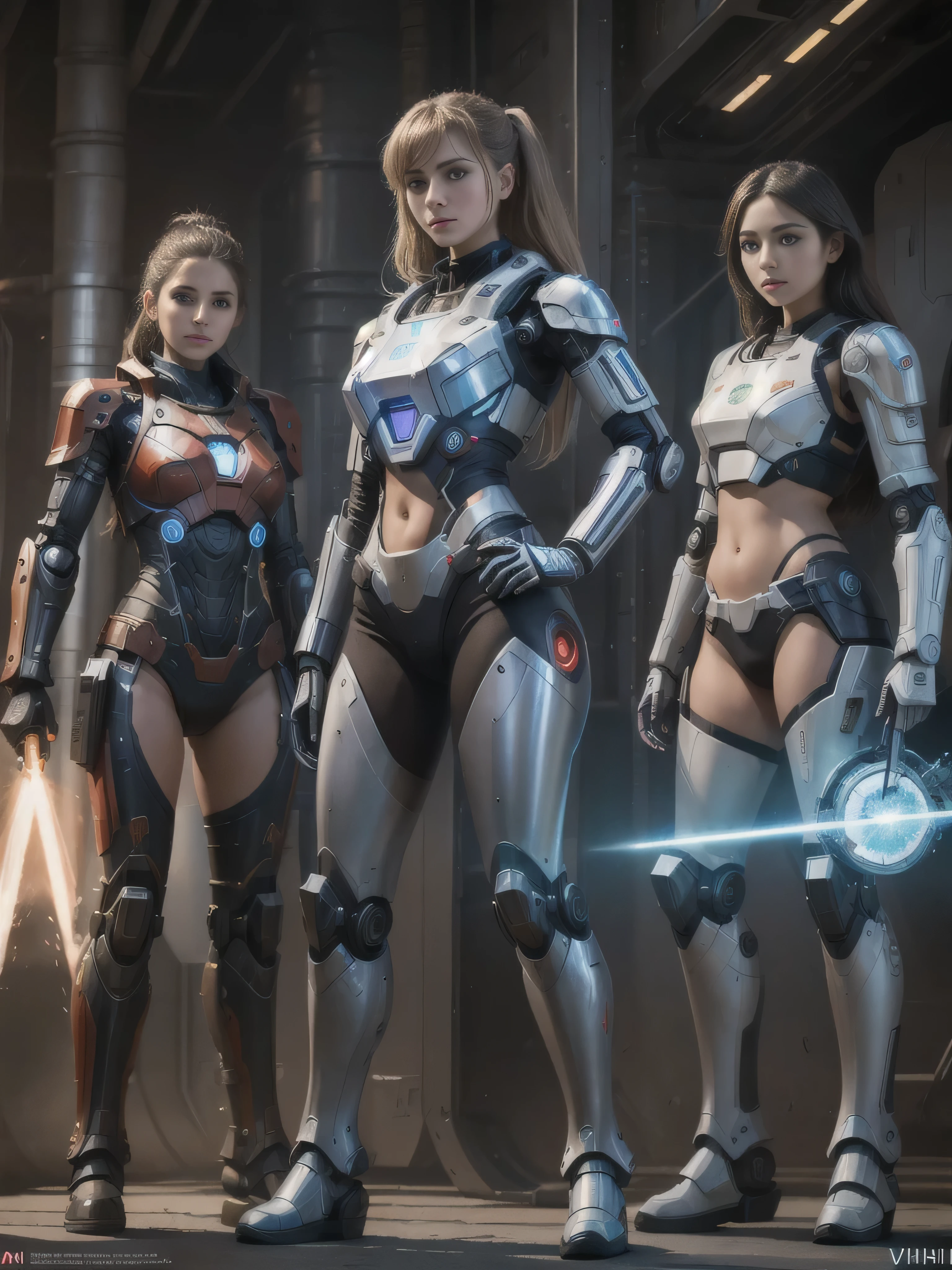 (best quality, 4k, Masterpiece, ultra detailed, RAW quality), girl with plasma shield on her arm, three girls in printed vikini, war robots standing next to them.