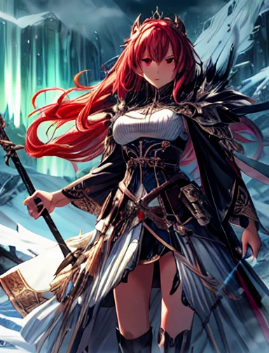 ((Masterpieces up to 8K resolution, Fate Grand Orderのようなゲームにインスパイアされたアートスタイル, A fusion of Scandinavian and Celtic elements.):1.4)  | Skad, Woman with red hair and red eyes, In the middle of an epic battle. She wears a detaileded and ornate battle outfit adorned with Scandinavian and Celtic motifs, Combining strength and beauty. Her attitude is full of confidence、Powerful, holding a weapon in each hand, Ready to face any enemy. Around her, Mysterious and fascinating scenery unfolds, Snow covered mountain々, Dense forest, Aurora-lit sky. | The scene composition is dynamic, Put the camera at a low angle, emphasizing Skad's imposing presence. The shot is medium, allowing both the character's detaileds and the landscape to be appreciated. | The lighting is dramatic, Mainly cool colors、A touch of warm colour is used in the highlights.. Cinematic lighting effects and depth of field、Creates an immersive and realistic atmosphere。. | Skad, Red-haired, red-eyed warrior, Epic battles in mystical Scandinavian and Celtic landscapes. | {The camera is placed very close to her, revealing her entire body as she assumes a dynamic Pause, Interact with structures in your scene in exciting ways、Lean on.} | (((She takes a dynamic Pause as she interacts, 大胆に岩にLean on, Gazing into the distance with determination.))), (((((full-body_image))))), ((perfection_Pause, perfection_anatomy, perfection_body)), ((perfection_refer to, perfection_refer tos, perfection_hand, perfection_hands, Better_hands)), ((perfection_composition, perfection_design, perfection_Layout, perfection_detailed), (Ultra_detaileded, Learn more, Strengthen)).