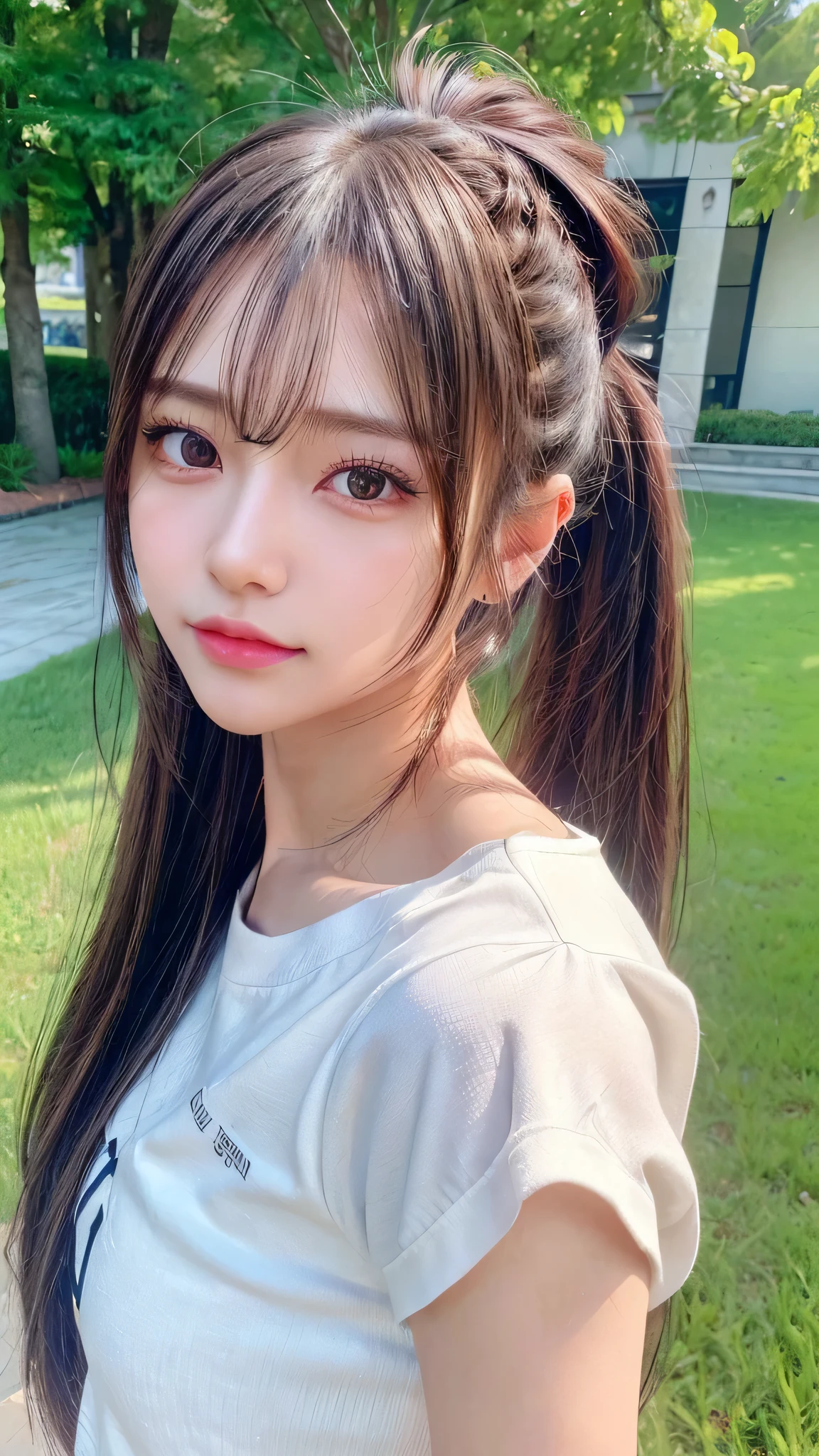 Black underwear shows through the white T-shirt,jeans,outdoors,Urban Park,On the lawn,Outdoor,Close-up of face,Outdoor,Blushing,Facing forward,,Long hair ponytail,((8K, Raw photo, Best Quality, Mastepiece:1.2), (Realism, Photorealistic:1.4), (Highly detailed 8k wallpaper), Depth of written boundary, Cinematic Lighting, Soft Light, Detailed Beauty Eye,Shiny and smooth light brown ponytail, Asymmetrical bangs, Shiny skin, Ultra-detailed skins ,It is high resolution., High detail, Detailed hairstyle, Detailed facial beauty, Hyper-realistic, Perfect limbs, Perfect Anatomy ,1 Japanese girl,Famous Japanese Idols, Perfect female body,A shy smile,Short eyelashes,Double-edged eyelids,Look straight here,Hair style: ponytail,
