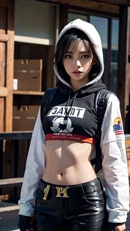 Woman body defined thick thighs cyber body parts, con cabello negro ropa interior corta, camisa transparente mostrando el pico del pecho, realista, camiseta blanca,  sin  pantalones calle de graffiti como fondo