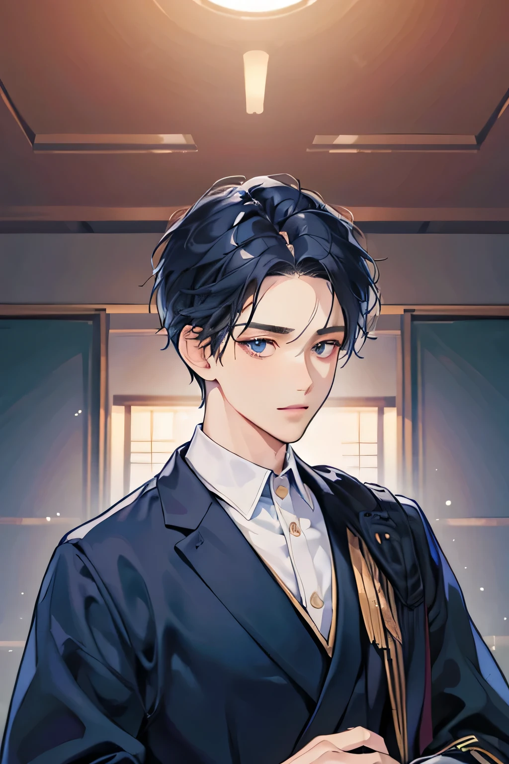 (masterpiece, top quality, super definition, high definition), male, dark blue hair and black eyes, short hair down, Wearing japanese , in the class room, soft relaxed expression