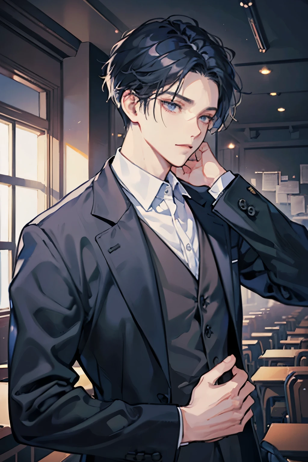 (masterpiece, top quality, super definition, high definition), male, dark blue hair, dark black eyes, short hair down, Wearing black jacket , in the class room, soft relaxed expression