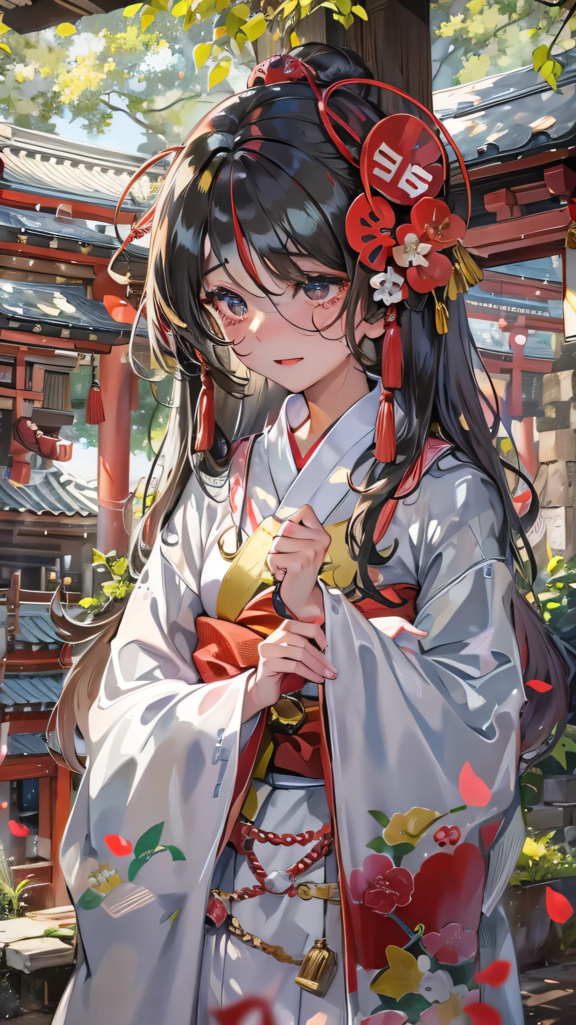 (crying face) (solo blunt bangs black hair long hair shrine maiden cute girl, sexy closed eyes, smile:0.2), (in a detailed shrine maiden clothes), BREAK, (in the Dazaifu Tenmangu Shrine), perfect anatomy, masterpiece, best quality, 16k, beautiful detailed grow, daydreaming expression.